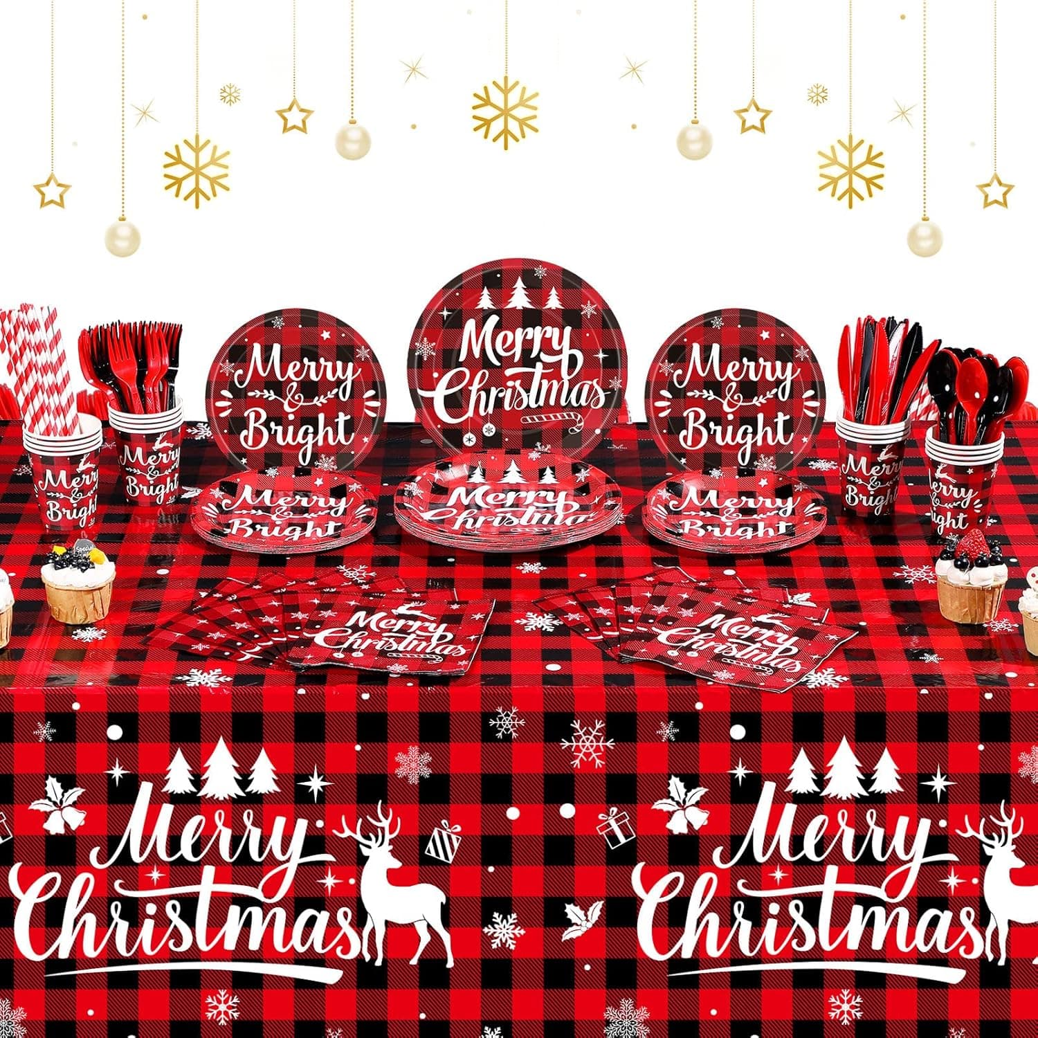 94 Pcs Christmas Buffalo Plaid Party Supplies Red Black Buffalo Plaid Plates Set Christmas Disposable Tableware and Tablecloth Party Pack for Xmas Holiday Party Home Dinner Supply, Serves 24