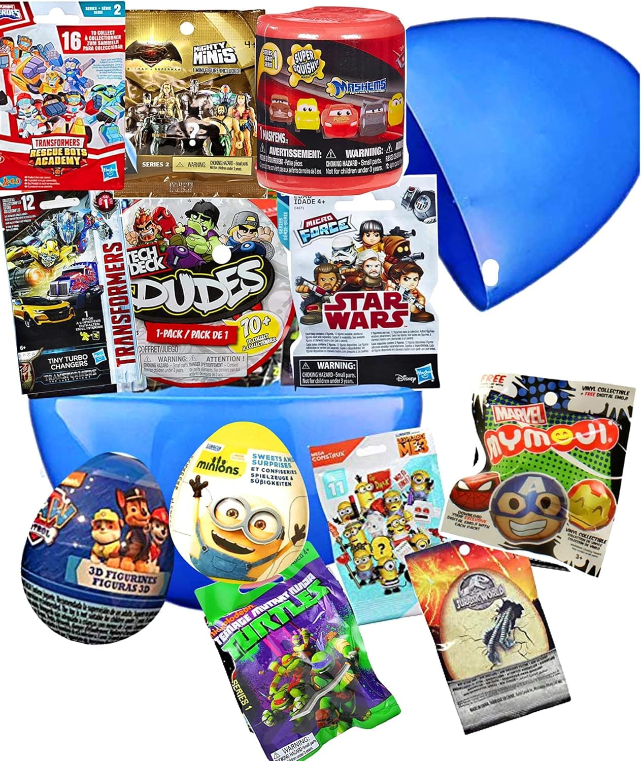 Jumbo 8" egg with favors. 10 blin bags and 2 eggs includes Paw patrol eggs, DC COMICS, Minions, turtles, transformers mega egg surprise
