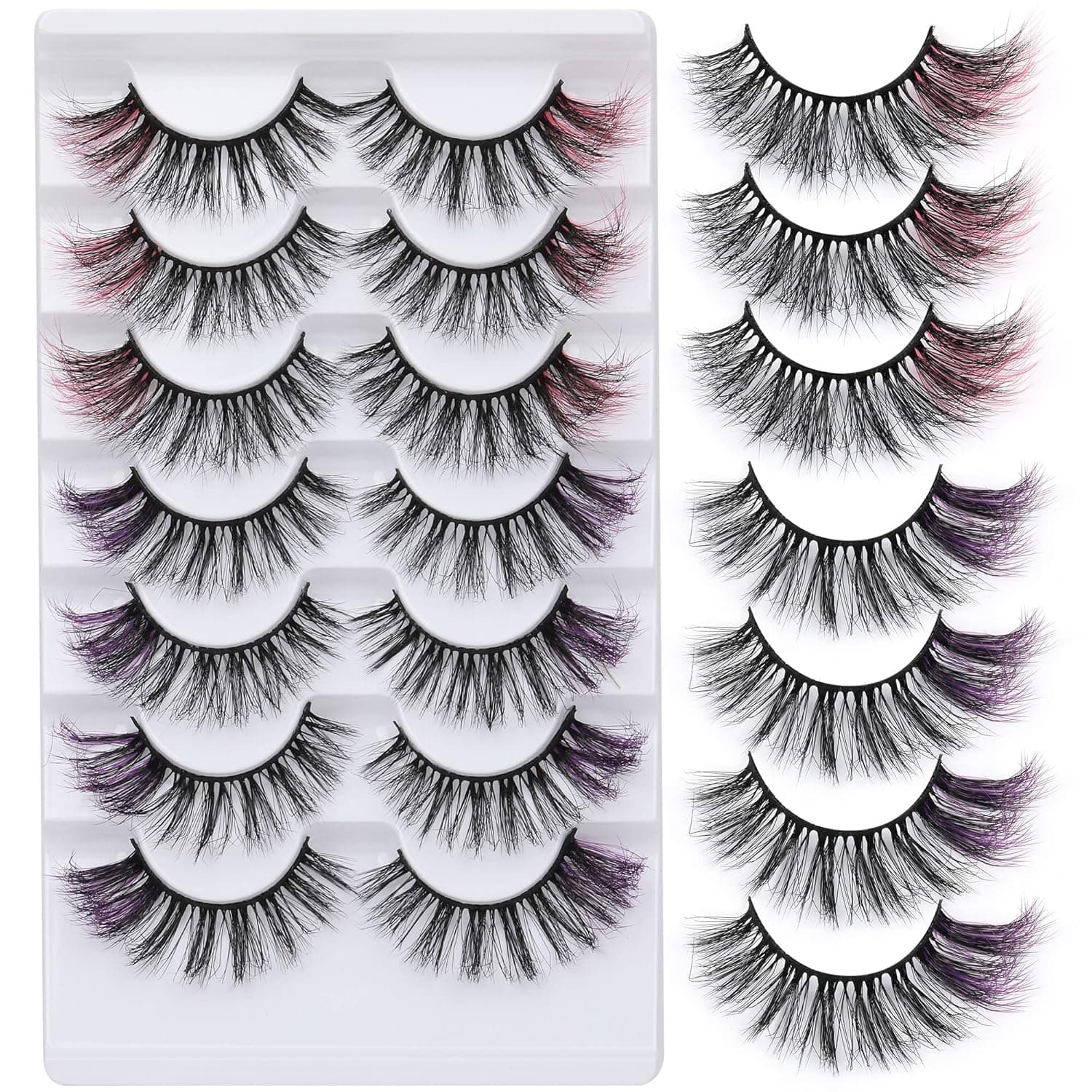 JIMIRE Colored False Eyelashes Pink Purple Fluffy Faux Mink Lashes Wispy 3D Volume Strip Lashes for Makeup Costume Cosplay Festival Natural Cat-Eye Fake Eye Lash Pack 7 Pairs Pack