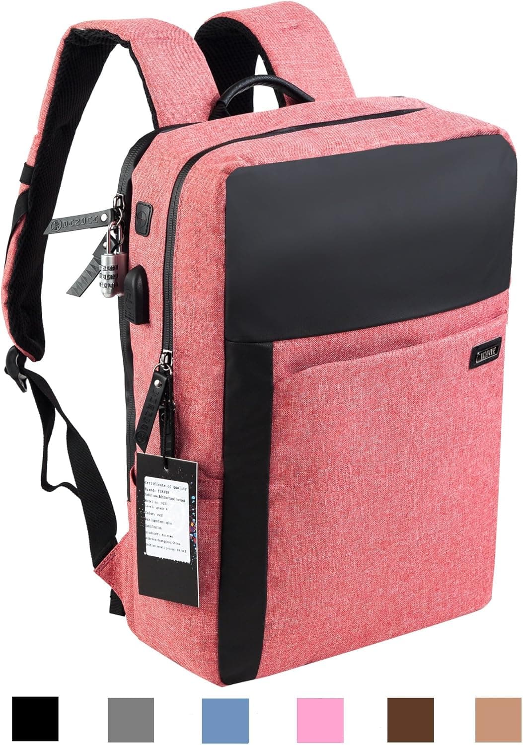YUANYE Business Water Repellent Nylon Laptop Backpack with USB Charging Port and Lock Fits 15.6 Inch Laptop(RED)