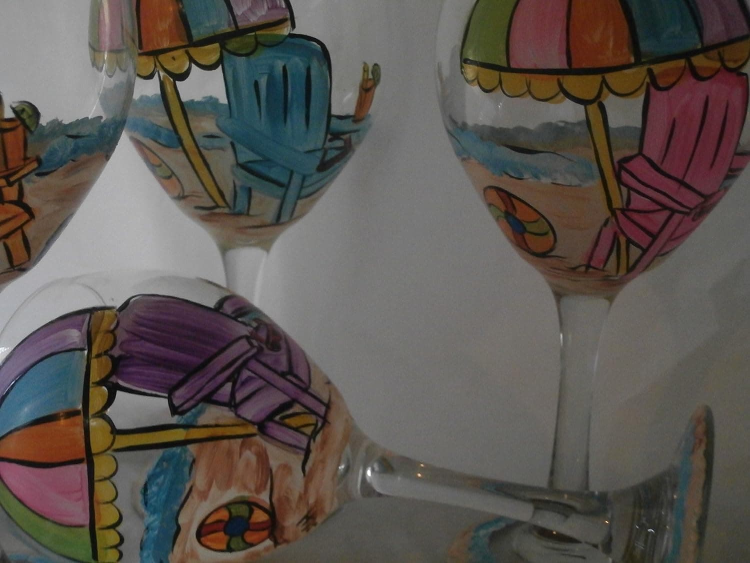 Hand Painted beach chair red wine goblets. Set of 4