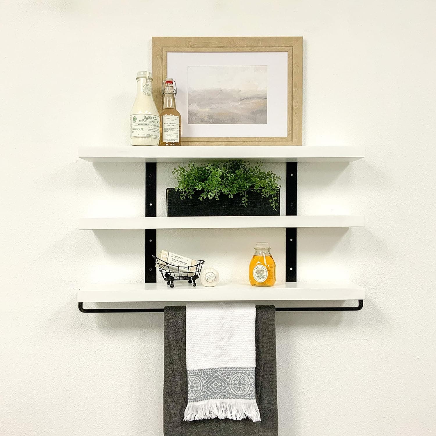 Industrial 3-Tier Floating Shelf with Towel Bar (36 Inch, White)