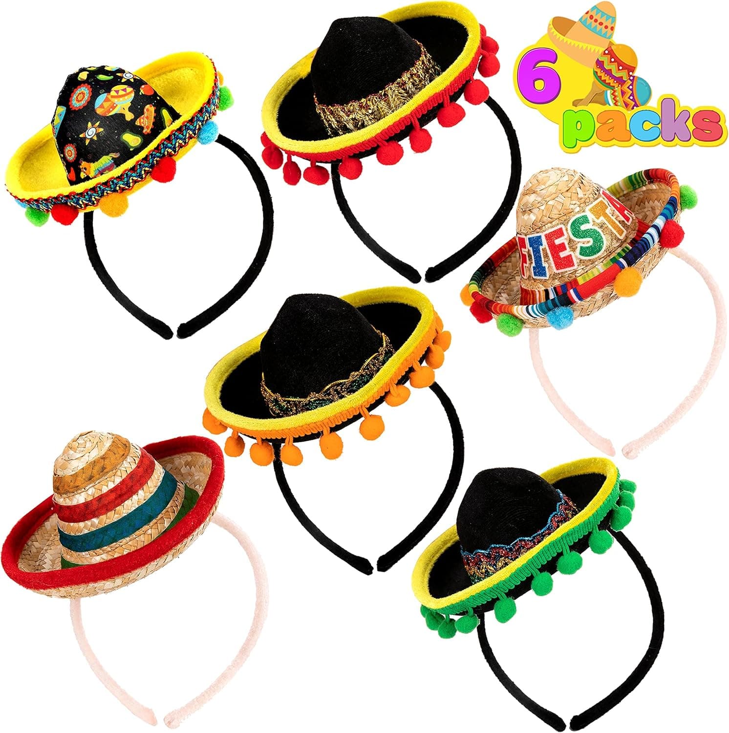 JOYIN 6 PCS Cinco De Mayo Fiesta Fabric and Straw Sombrero Headbands Party Costume for Fun Fiesta Hat Party Supplies, Mexican Theme Decorations, Luau Event Photo Props, Dia De Muertos and Party Favors