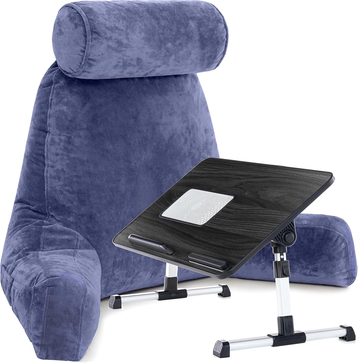 Husband Pillow Combo - Backrest Pillow with Arms : XXL Dark Blue & Lap Desk Bed Tray : Grey - Memory Foam Reading Pillows for Bed w/Removable Neck Roll & Laptop Bed Tray Table