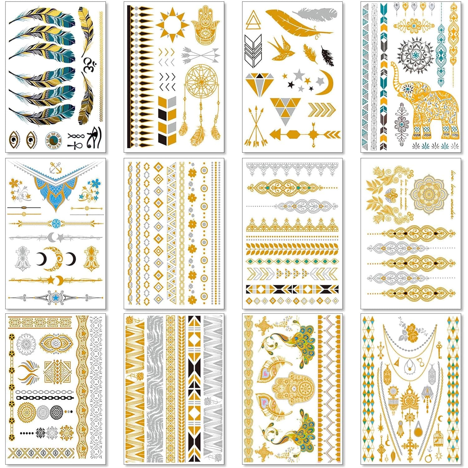 Metallic Temporary Tattoos for Women Teens Girls - 12 Sheets Gold Silver Temporary Tattoos Glitter Shimmer Designs Jewelry Tattoos - 150+ Color Flash Fake Waterproof Tattoo Stickers (Bequia)