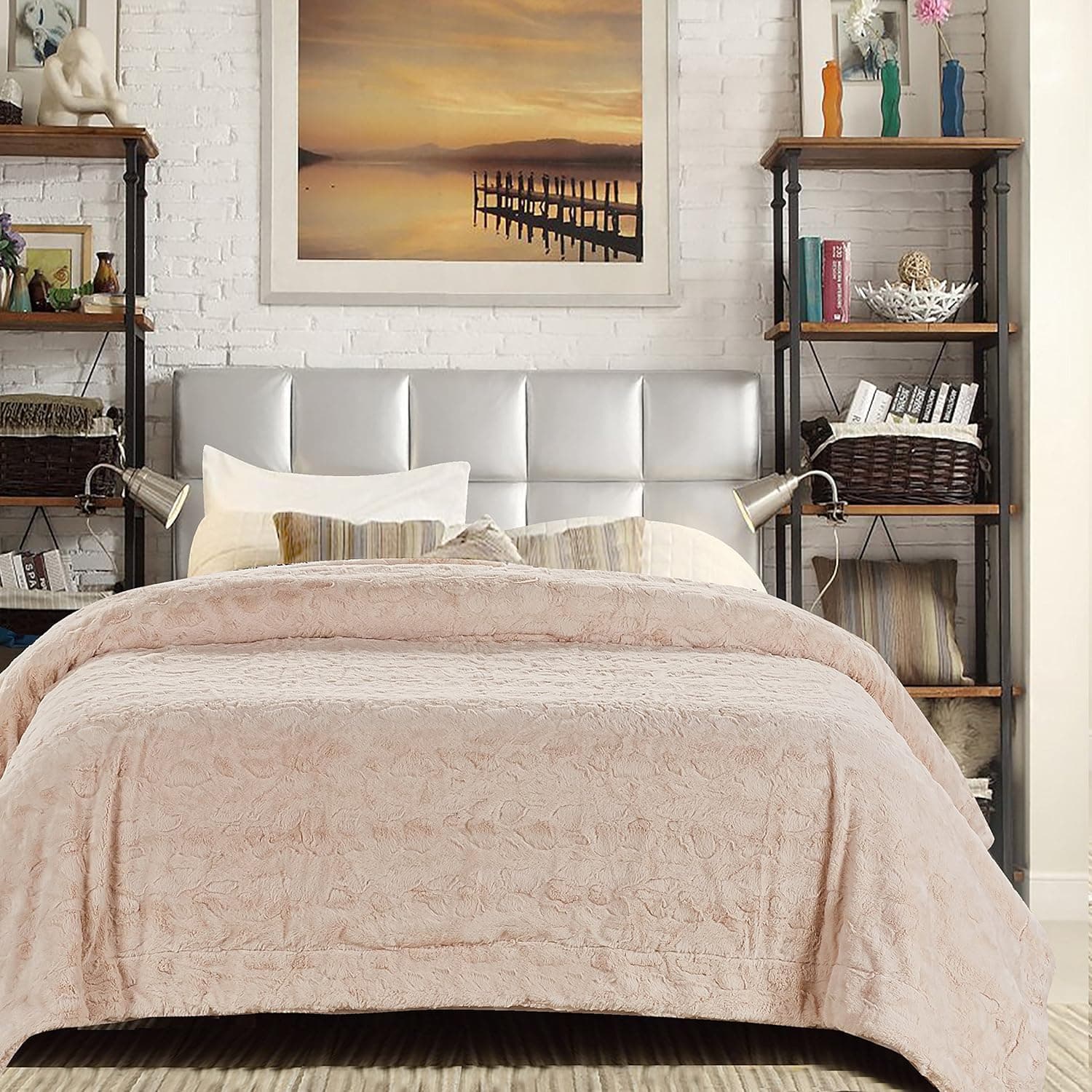 Chanasya Wolf Faux Fur Throw Blanket - Soft, Fuzzy Sherpa & Minky Throw Blanket - for Bed or Couch - 108" x 86” (King Size) - Ivory