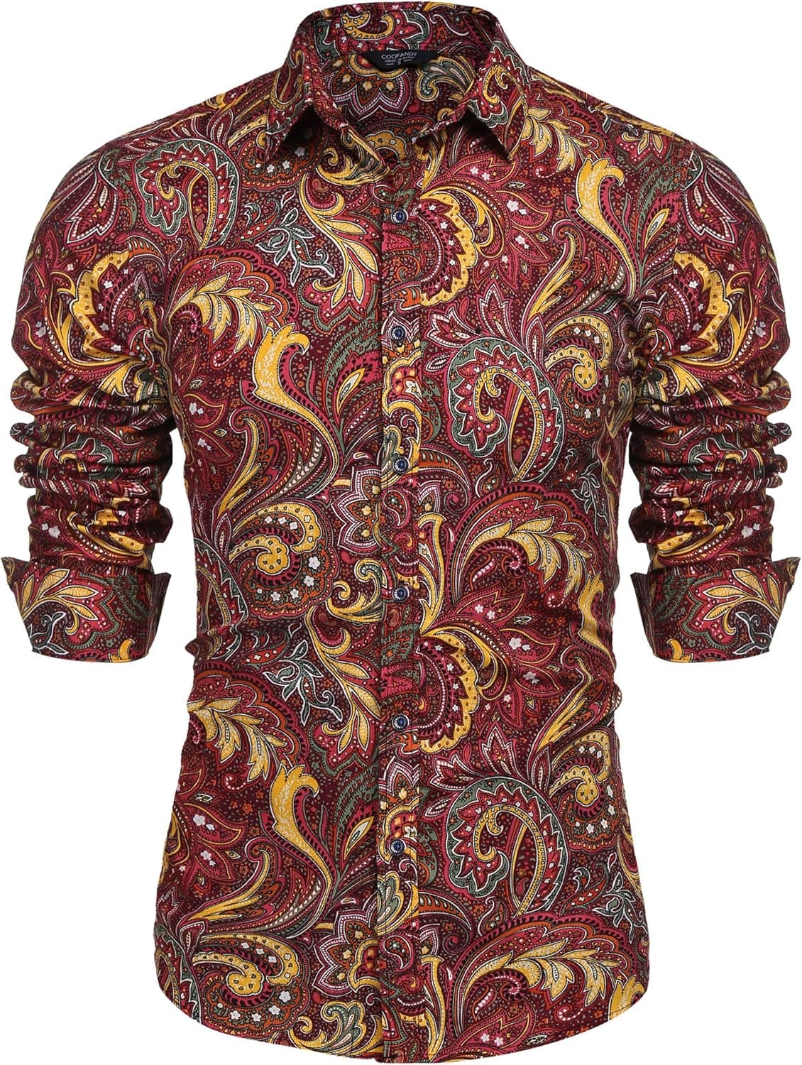 Coofandy Men's Paisley Cotton Long Sleeve Shirt Floral Print Casual Retro Button Down Shirt