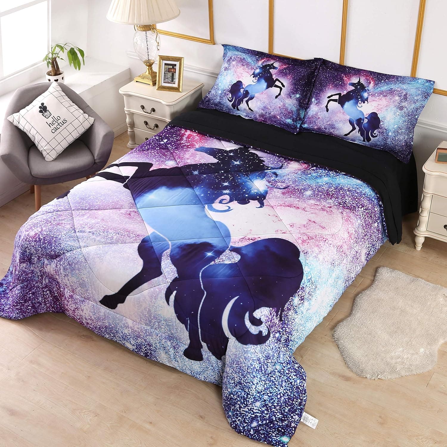 Wowelife 5 Pieces Galaxy Unicorn Comforter Set Full 3D Fly Unicorn Galaxy Bedding Set with Comforter, Flat Sheet, Fitted Sheet and 2 Pillow Cases(Space Unicorn, Full)