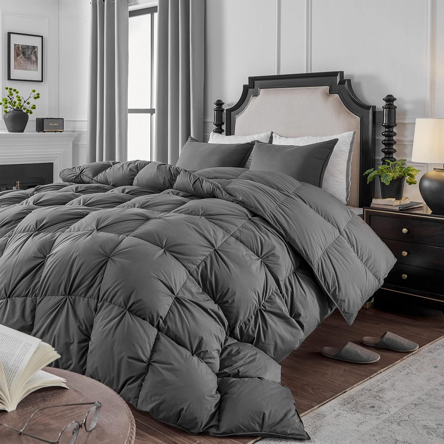 KAKABELL Pinch Pleat Goose Down Feathers Comforter Full/Queen Size All Season-Ultra Soft and Cozy Noiseless Duvet Insert with 100% Egyptian Cotton Cover,Fluffy Warm Comforter Insert(Grey,90"X90")