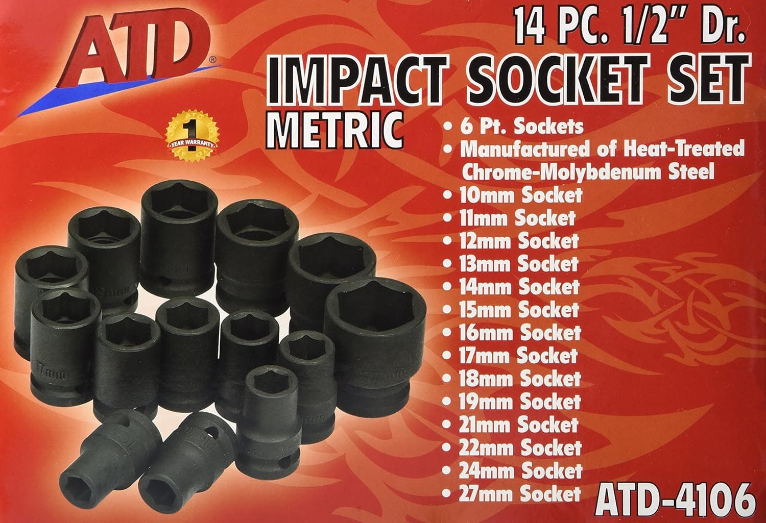Advanced Tool Design Model ATD-4106 14 Piece 6 Point Standard Metric Impact Socket Set