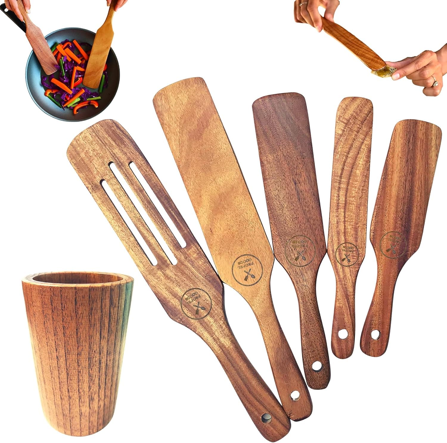 NA-1 Wooden Kitchen Spurtle Utensil Set Perfect Wood Cookware Tools, 5 Pieces Plus Holder, Slotted Teak Non-Stick Spatula and Spoons for Cooking, Stirring, Mixing, and Serving by Propel Goods