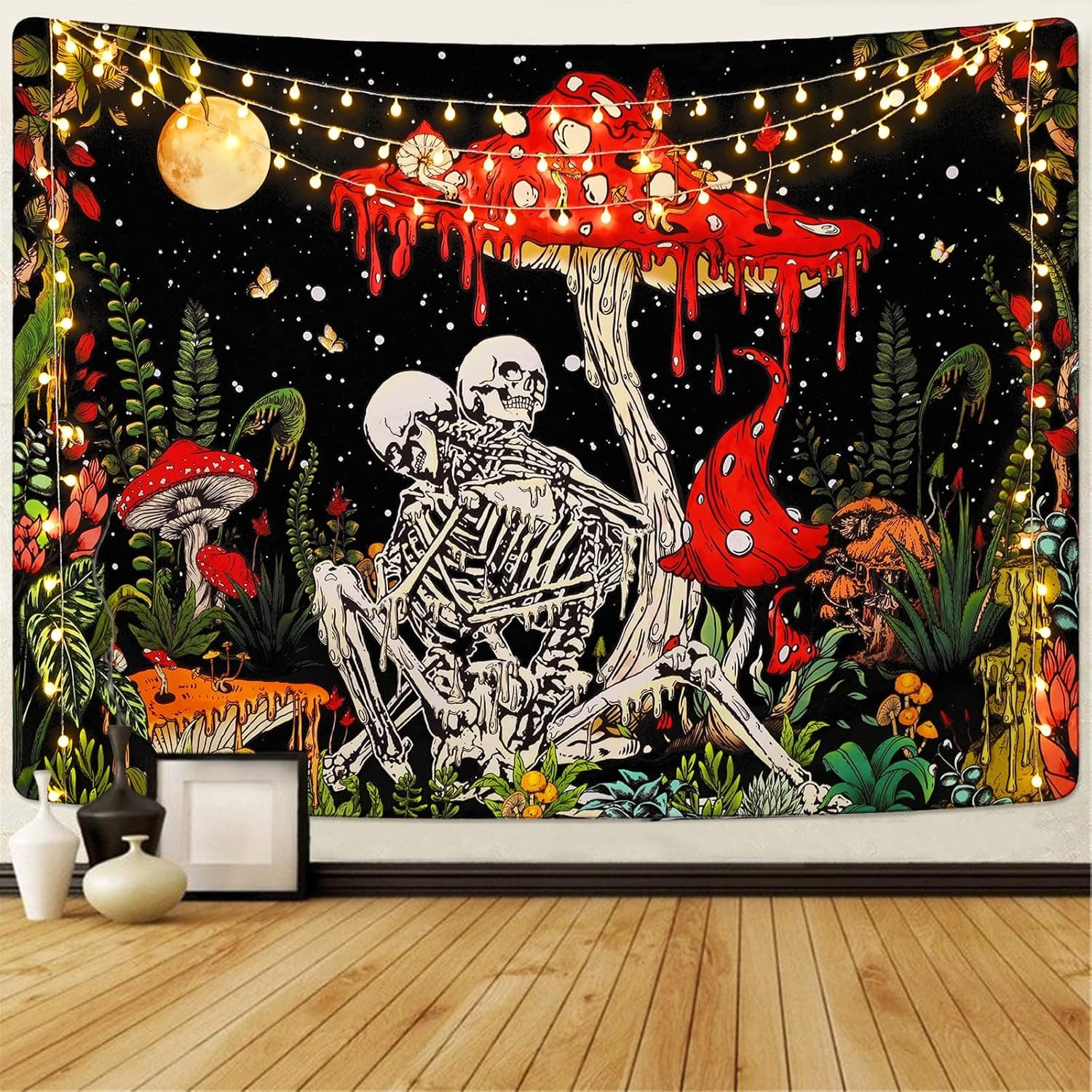 Uspring Skull Mushroom Tapestry Skeleton Lovers Tapestries Vintage Plants Tapestry Moon Garden Galaxy Tapestry Hippie Gothic Wall Tapestry for Bedroom Aesthetic Decor (51.2 x 59.1 inches)