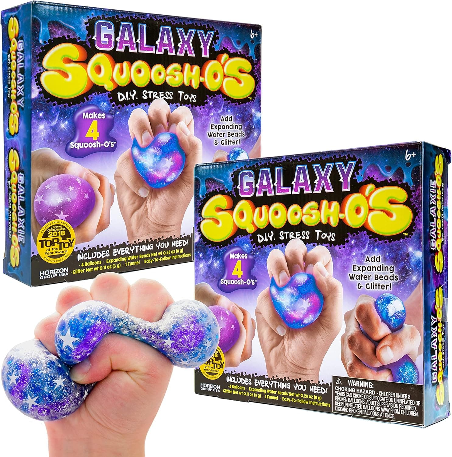 Squoosh-Os Galaxy Bundle by Horizon Group USA Twin Pack Make 8 Fidget Toys DIY Stress Balls for Kids Includes Balloons Funnels Glitter Expanding Water Beads & More Galaxy 2-Pack Multi