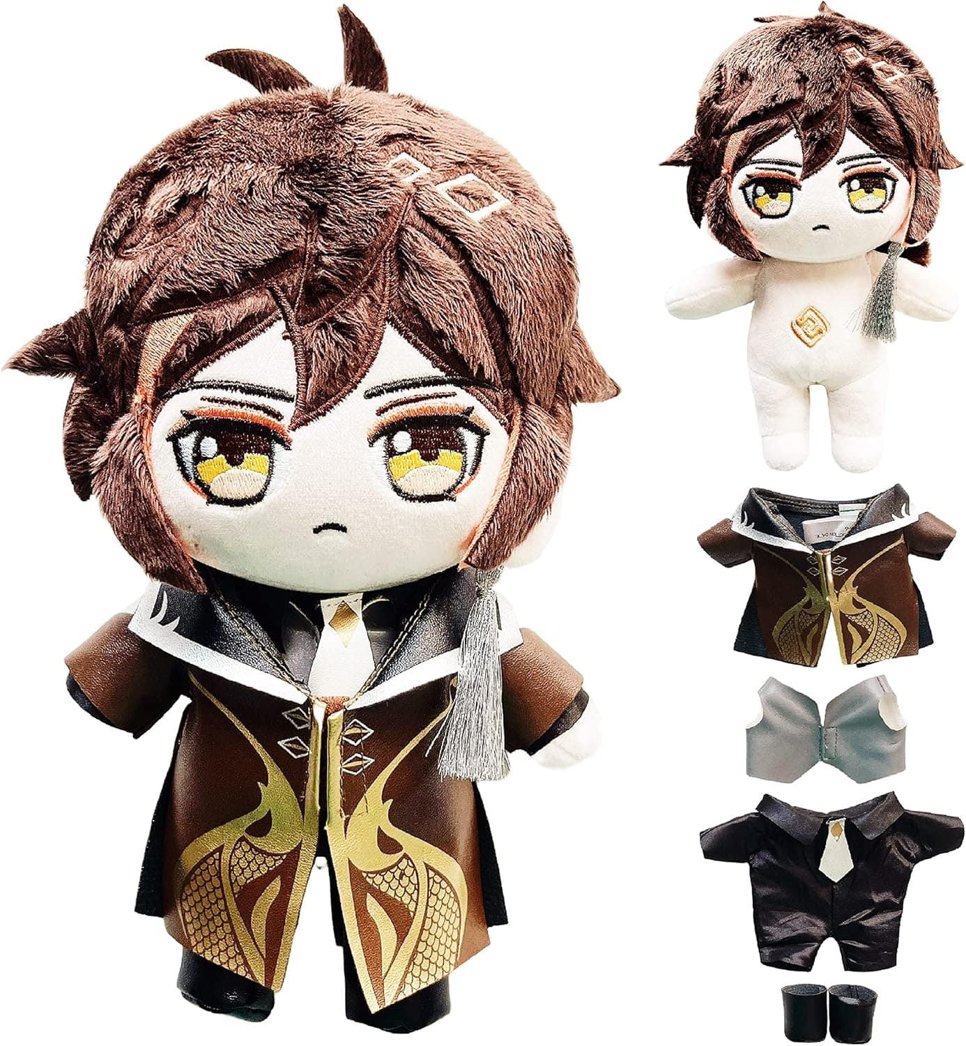 uoozii 23cm/9inch Genshin Impact Plush Figure Hu Tao Raiden Shogun Klee Xiao Zhongli Venti Kazuha Diluc Cosplay Plushie Doll with Changeable Doll Clothes Collectable Gift (Zhongli, Non-Poseable)