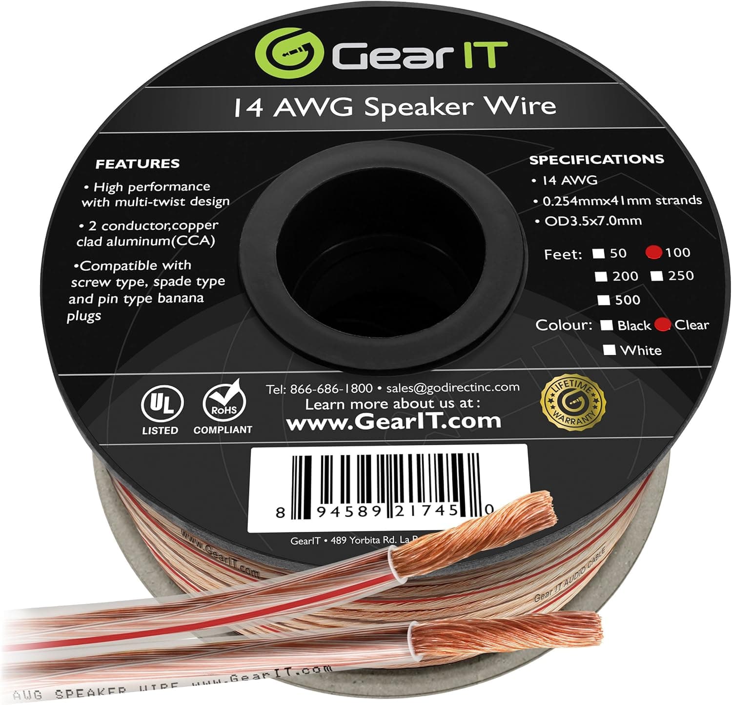 14AWG Speaker Wire, GearIT Pro Series 14 AWG Gauge Speaker Wire Cable (100 Feet / 30.48 Meters) Great Use for Home Theater Speakers and Car Speakers Clear
