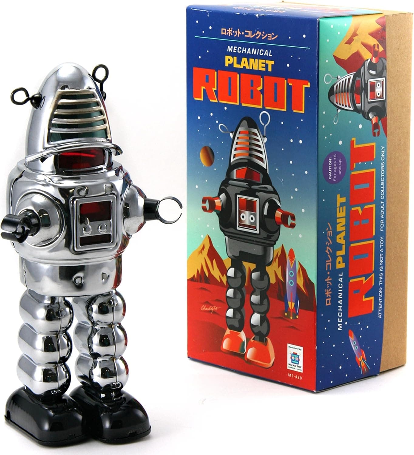 Off the Wall Toys Vintage Style Collectible Wind Up Chrome Planet Robot Wind Up 8.5"