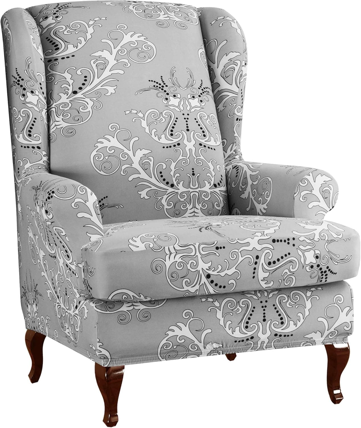 SUBRTEX Floral Universal Furniture Protector Printed Wingback Chair Covers 2 Pieces Spandex Armchair Slipcovers, Wing, Grey