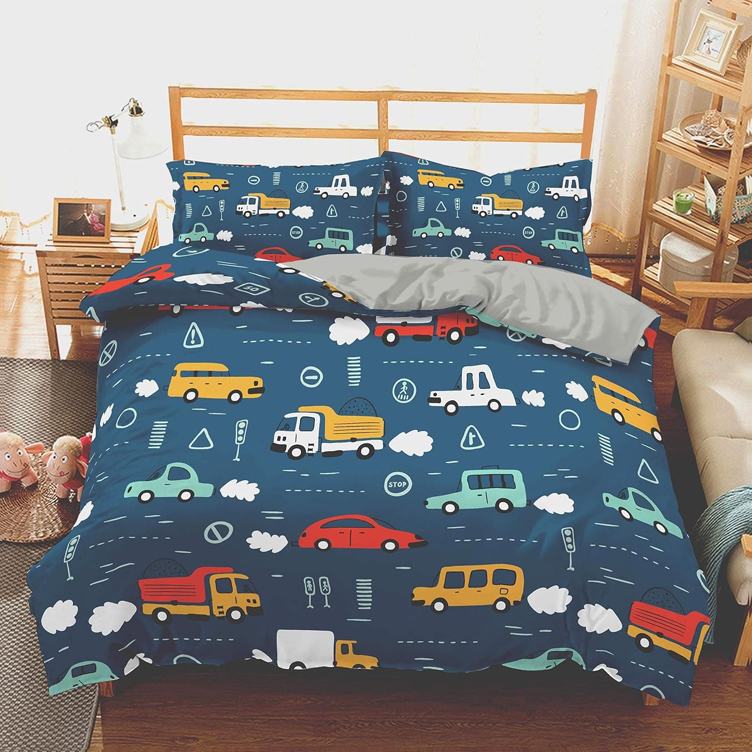 WURUIBO 3 Piece Sports Cartoon Car Truck Queen Duvet Cover Set Soft Microfiber Duvet Cover with Zipper Closure + 2 Pillowcase, No Filling
