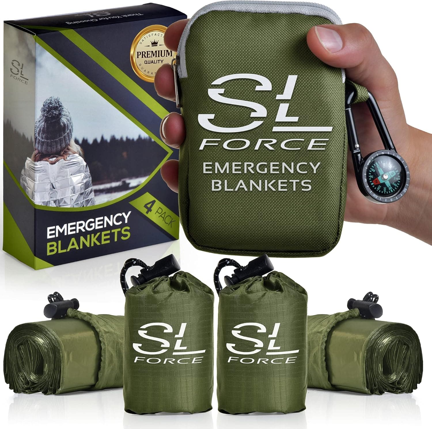 SLFORCE Emergency Blankets for Survival, 4 Pack of Gigantic Space Blanket. Comes with Four Extra-Large Mylar Blankets, Compass, and Zipper Bag. The Best Thermal Space Blankets (4, Green, Extra Large)