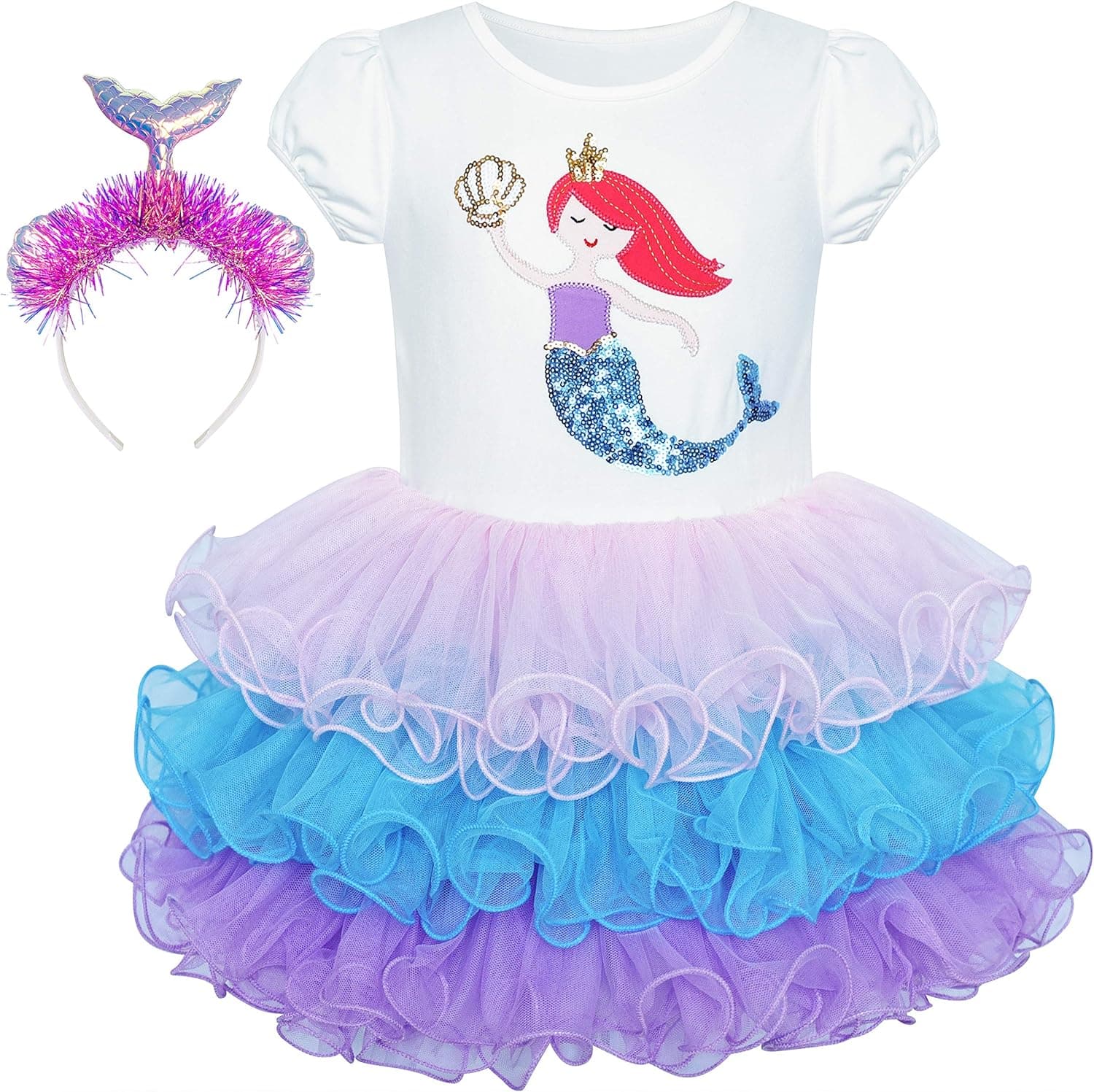 Sunny Fashion Girls Dress Tutu Dancing Tiered Mermaid Headband Size 3-7