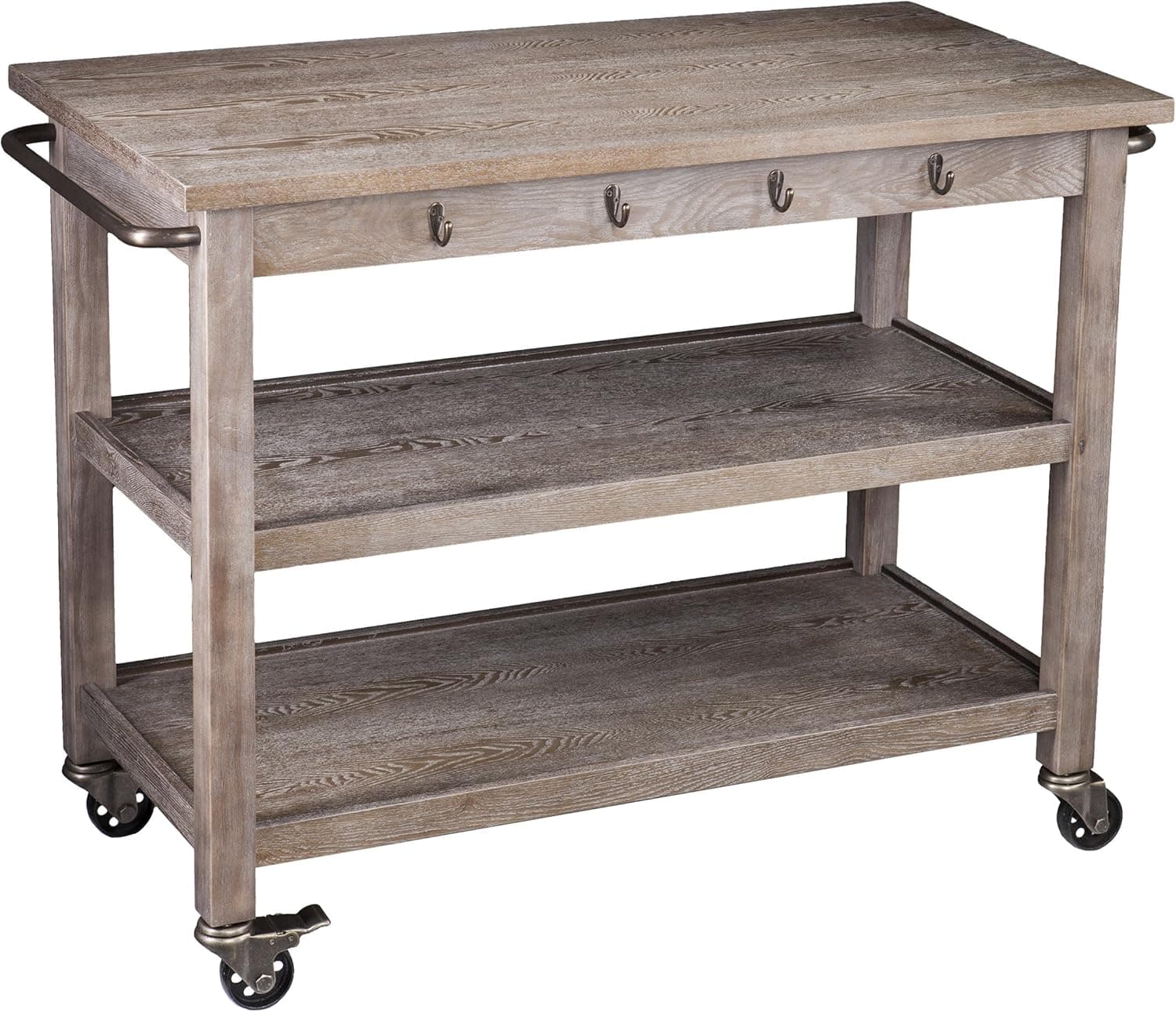 SEI Furniture 3-Tier Kitchen Hooks and Towel Bar Cart, Whitewashed Burnt Oak and Antique Bronze