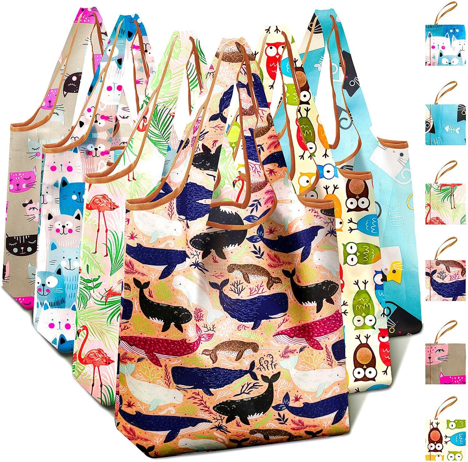 Owls 6 Pack Small Size Nylon Cloth Reusable Grocery Shopping Bags Foldable into Attached Pouch, Backpack,Purse and Car Console