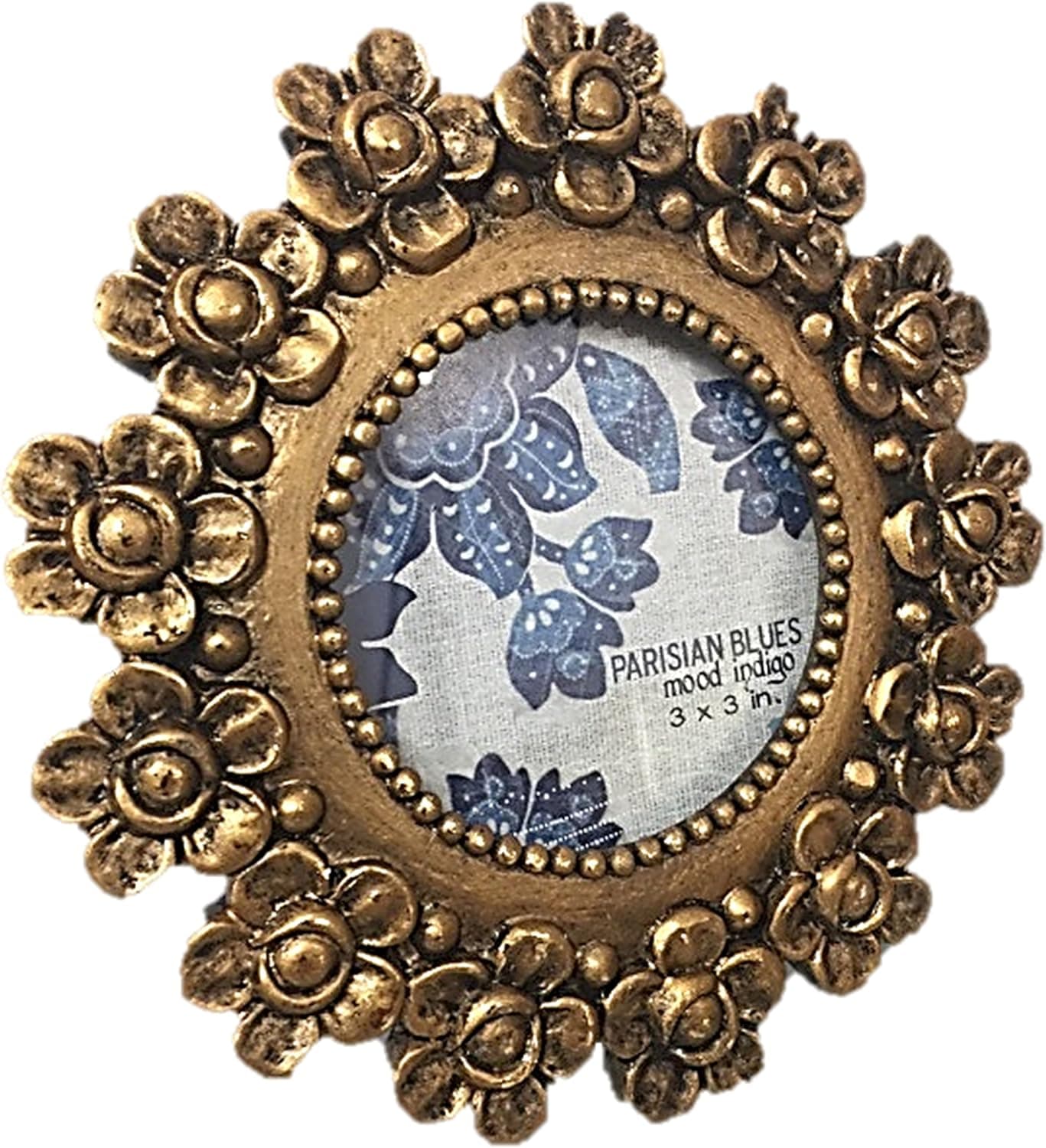 Parisian Home Picture Frame Gold Antique Round Textured Flowers 3 by 3