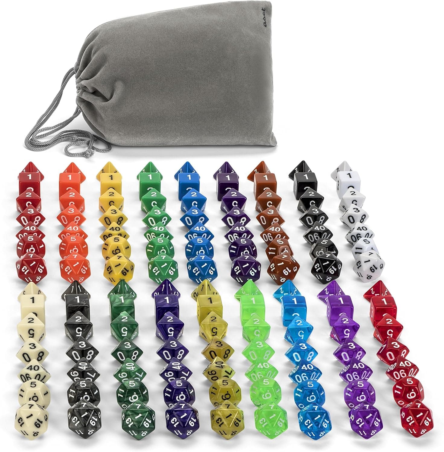 126 Polyhedral Dice by ASCT- Complete Sets of Seven Dice in 18 Colors - d4, d6, d8, d10, d12, d20 Dice & Percentile% die – Ideal for Tabletop, Math, RPG, MTG & D & D Games – with Velvet Dice Pouch