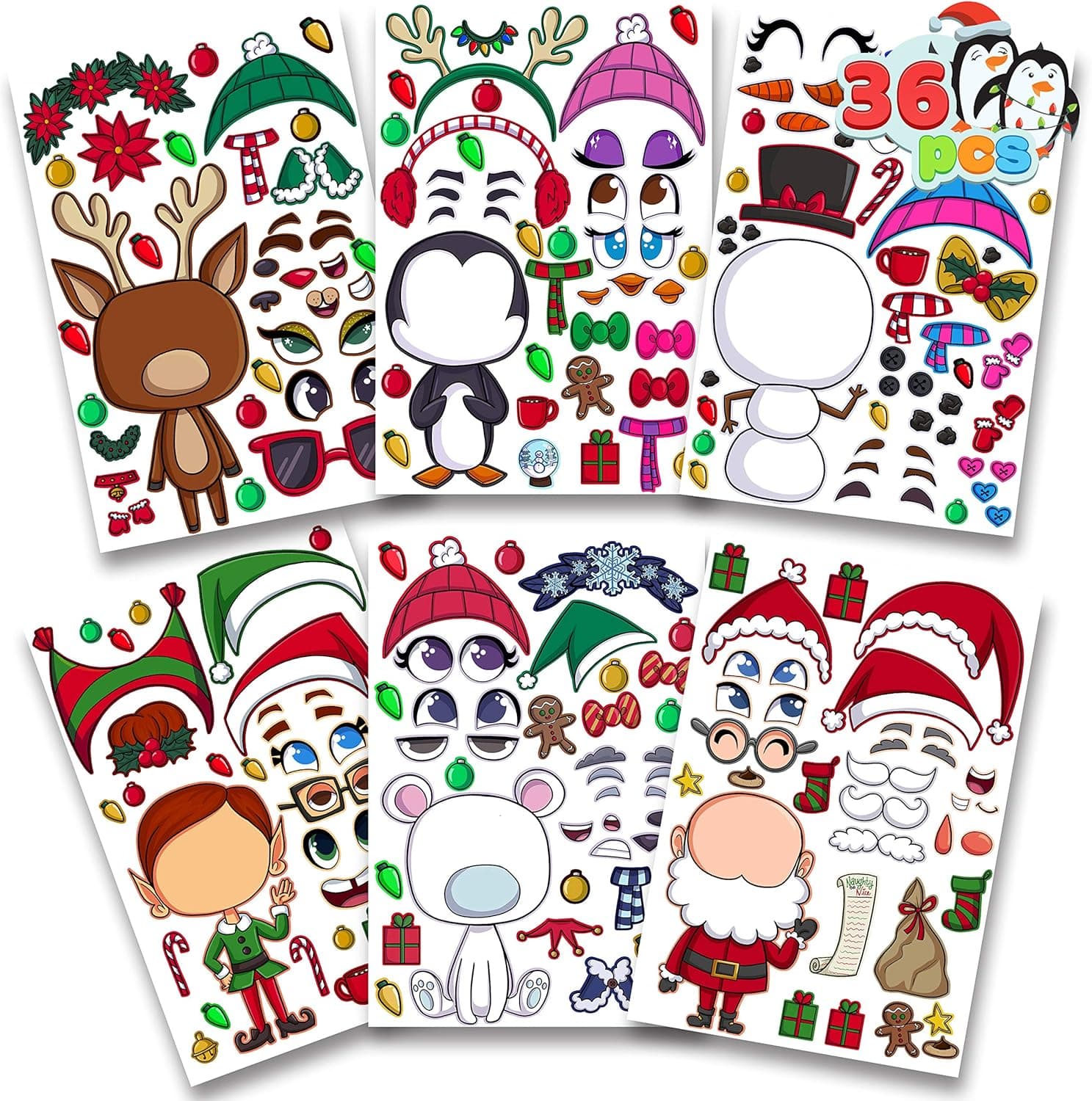 36 PCS Make-a-face Sticker Sheets Make Your Own Christmas Characters Mix and Match Sticker Sheets with Full body design Reindeer, Snowman, Elf and more Christmas Kids Party Favor Supplies Craft