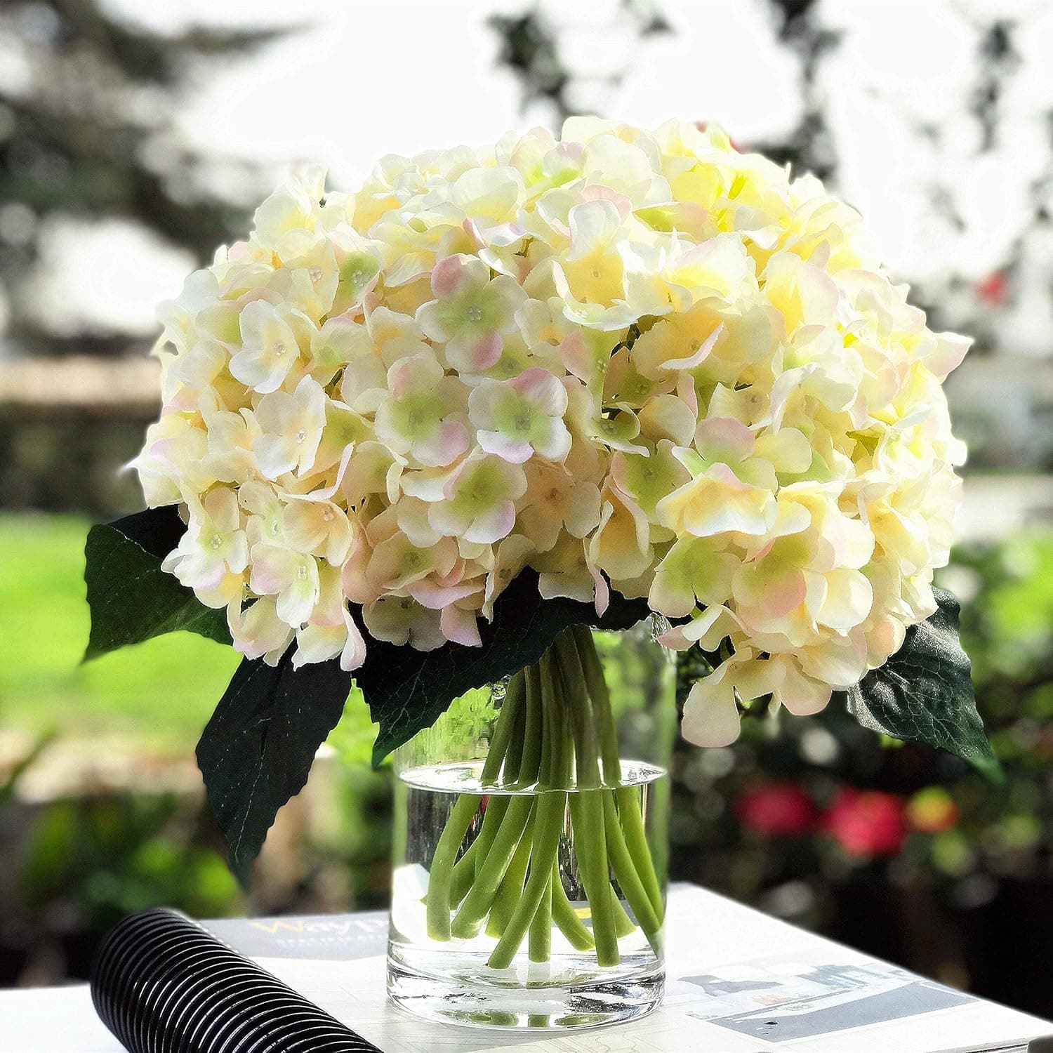 ENOVA HOME Artificial Silk Hydrangea Flower Arrangement in Clear Glass Vase with Faux Water for Home Wedding Decoration (Blush)