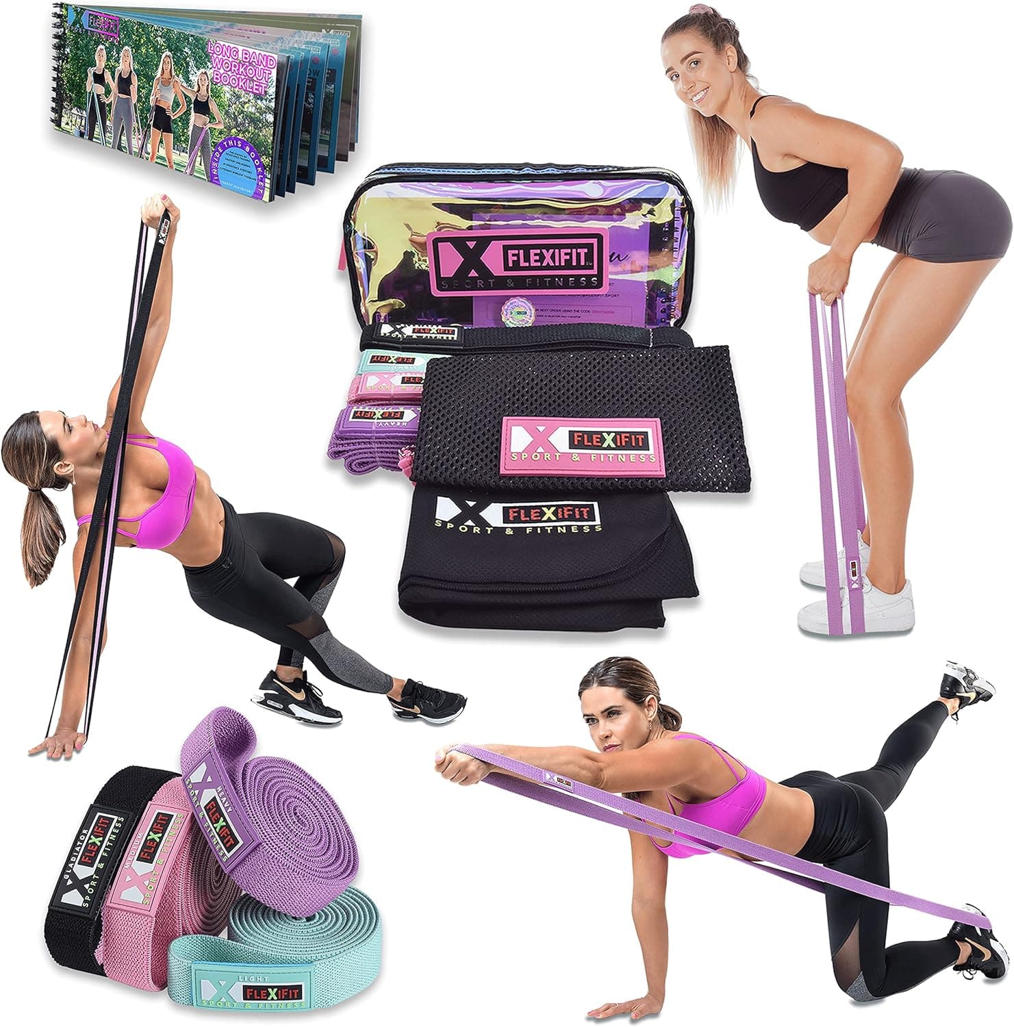 FLEXIFIT, 4 Fabric Resistance Exercise Bands Set for Women - Workout Heavy Long Body Bands | Fitness Loops Upper Arm Weights Strength Training Stretch Pull Up Booty Band, Resistant Mobility Gym Equipment, TEAL, PINK, PURPLE, BLACK, 40 Inch Loop, LIGHT, MEDIUM, HEAVY, GLADIATOR