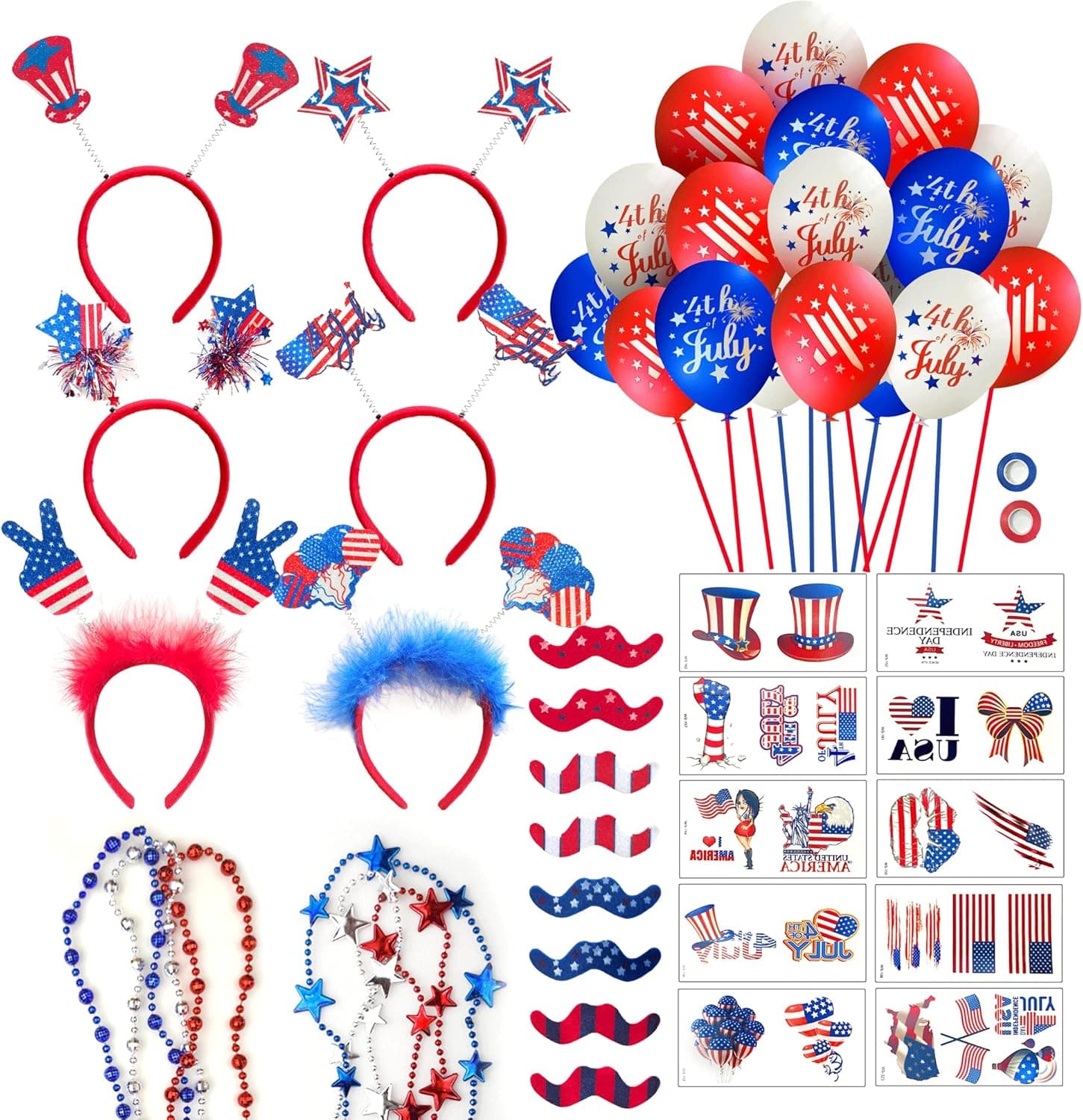 60 Pieces Fourth/4th of July Accessories,Patriotic Head Boppers - Party Favor Supplies, Include 6 Head Boppers, 6 Bead Necklaces, 10 Temporary Tattoo, 8 Mustache, 30 balloon for Independence Day Party Props Decoration