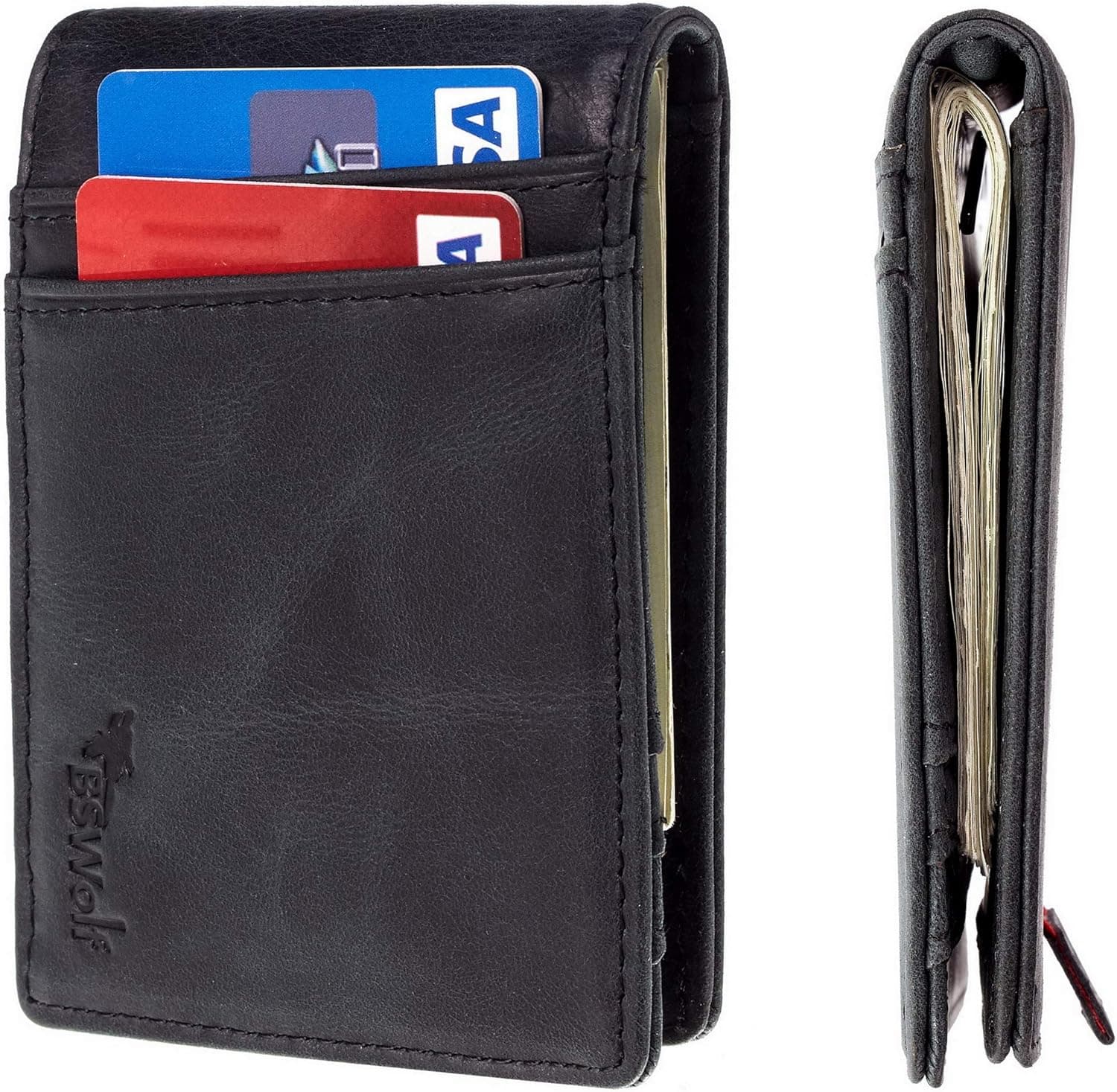 BSWolf Mens RFID Blocking Front Pocket Minimalist Slim Genuine Leather Wallet Pull Tab Money Clip