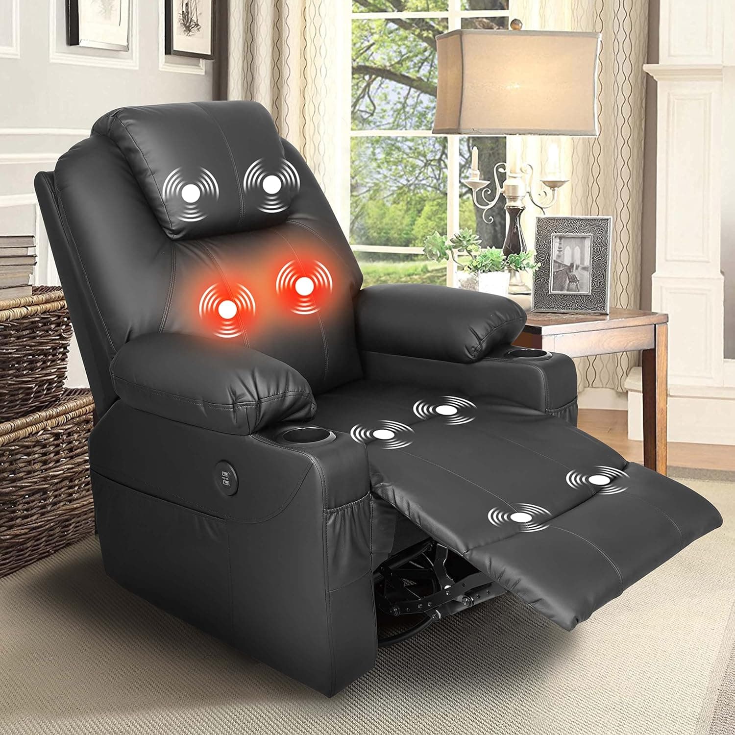 iw I WISH Swivel Rocker Recliner Chairs, Reclining Chair, Massage Recliner, Recliner Chair, with Massage and Heat Function, Cup Holder, USB Port for Living Room (Black-PU)