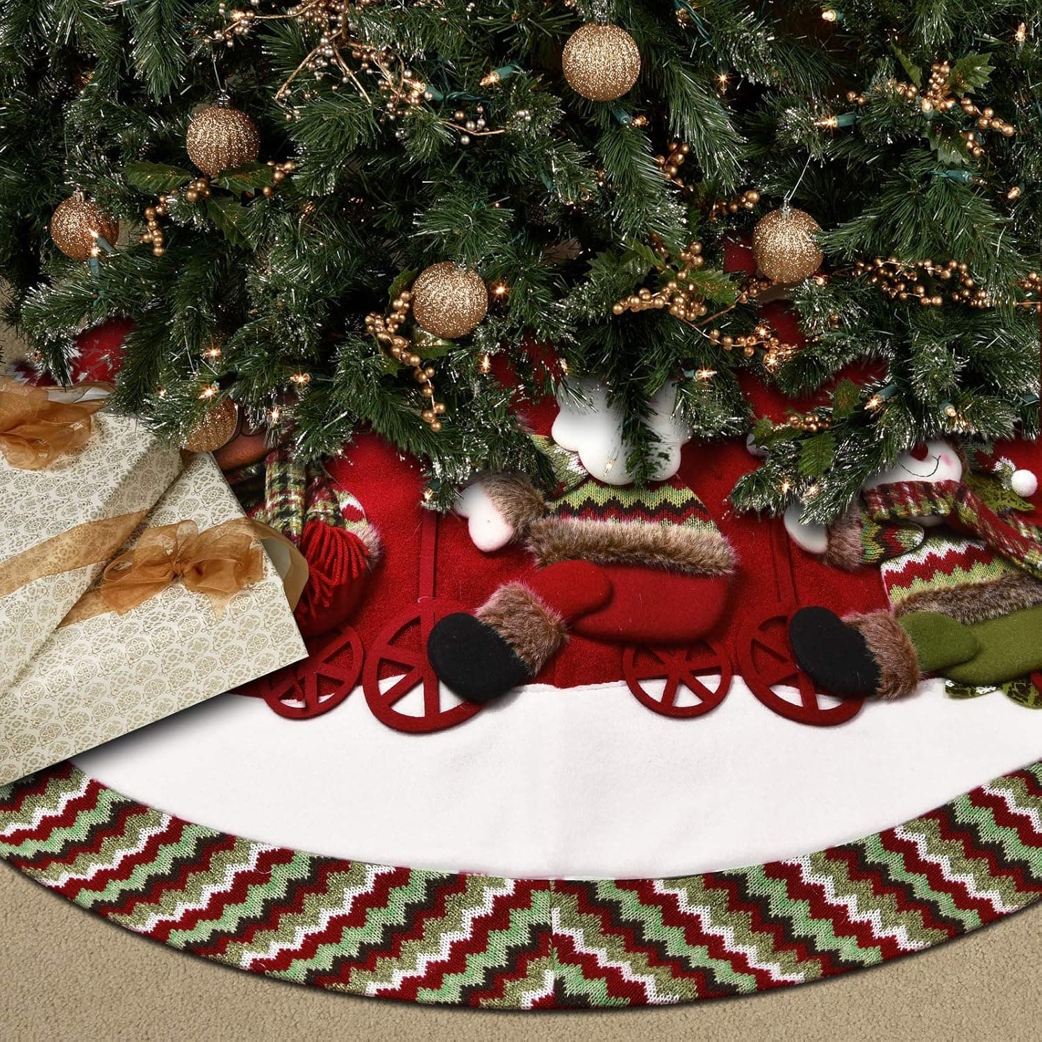 Alishomtll 48 Inches Christmas Tree Skirt, 3D Santa Snowman and Reindeer Tree Skirt, Elegant Red Tree Skirt for Xmas Holiday Party Festive Decorations Ornaments