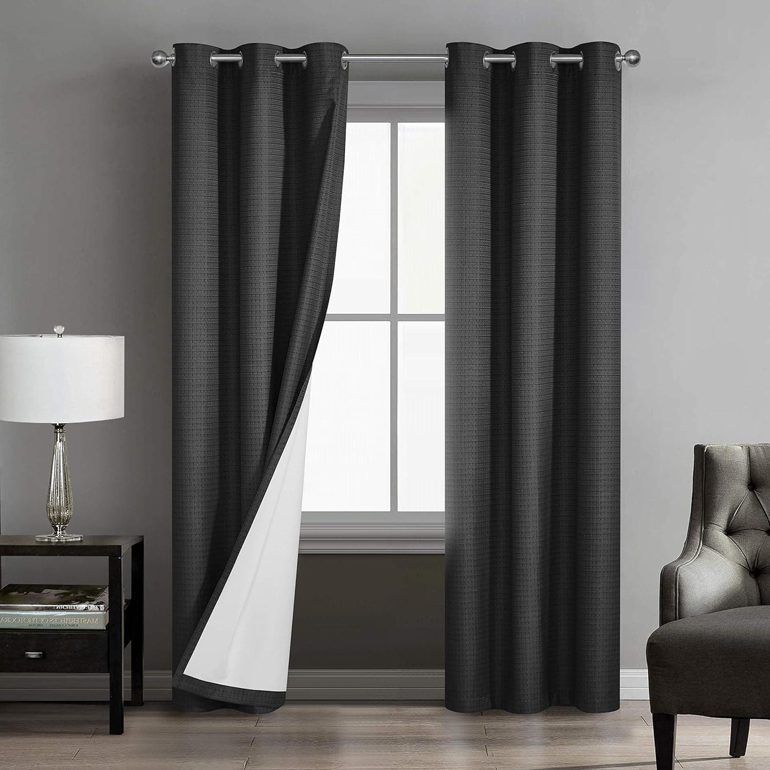 Sunclipse Foley Solid Darkening Grommet Window Curtain Drapes for Bedroom/Living Room/Kitchen/Bathroom, Light and Noise Reducing Thermal Insulated (2 Panels, W x 63 L), 42 in x 84 in, Black