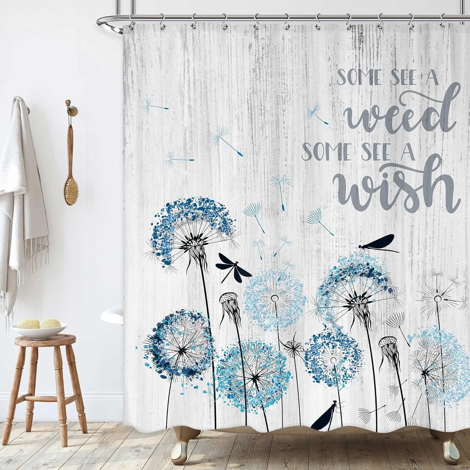 KOMLLEX Farmhouse Teal Dandelion Floral Shower Curtain 60Wx72H Inch Rustic Grey Wooden Barn Door Bath Curtain Quote Shower Curtain Set for Bathroom Bathtub Accessories for Women Girl Fabric Home Decor