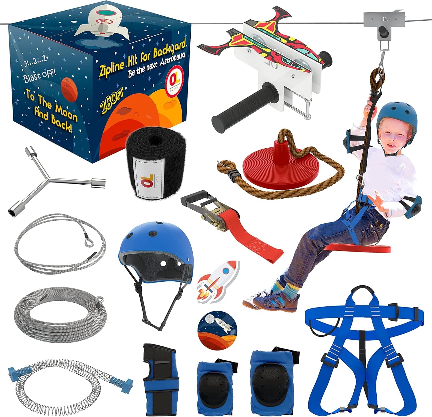 OLVON 160ft Zipline Kit for Backyard – Space Themed for Kids and Adults, Outdoor Zipline with Stainless Steel Cable, Trolley, Disc Seat, Safety Harness, Swing Rope, Tree Protector - Easy Setup