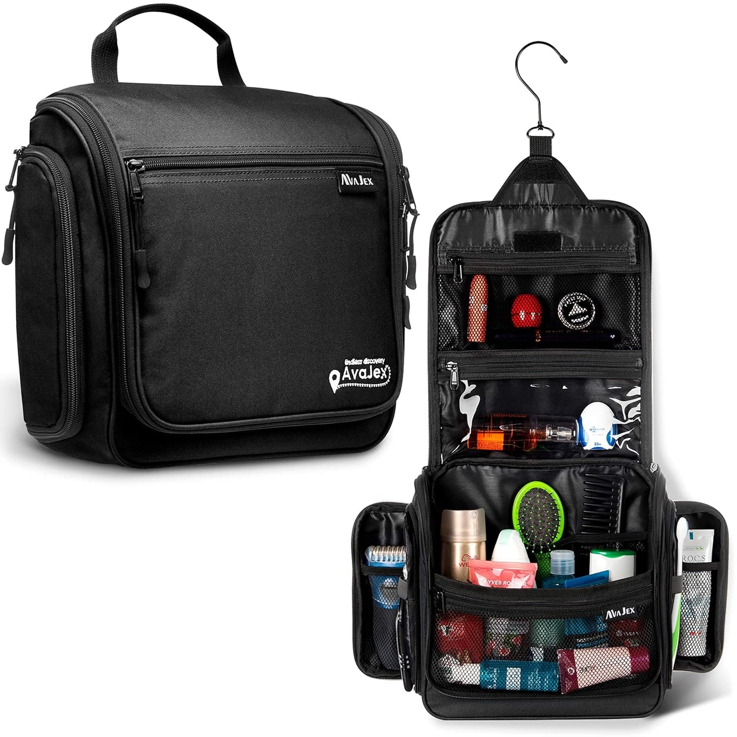 AvaJex Travel Toiletry Bag for Men and Women - Large Hanging Toiletry Organizer - Waterproof Hygiene Bag with Metal Xxl Swivel Hook, YKK Zippers and 19 Compartments for Toiletries, Makeup, Cosmetics