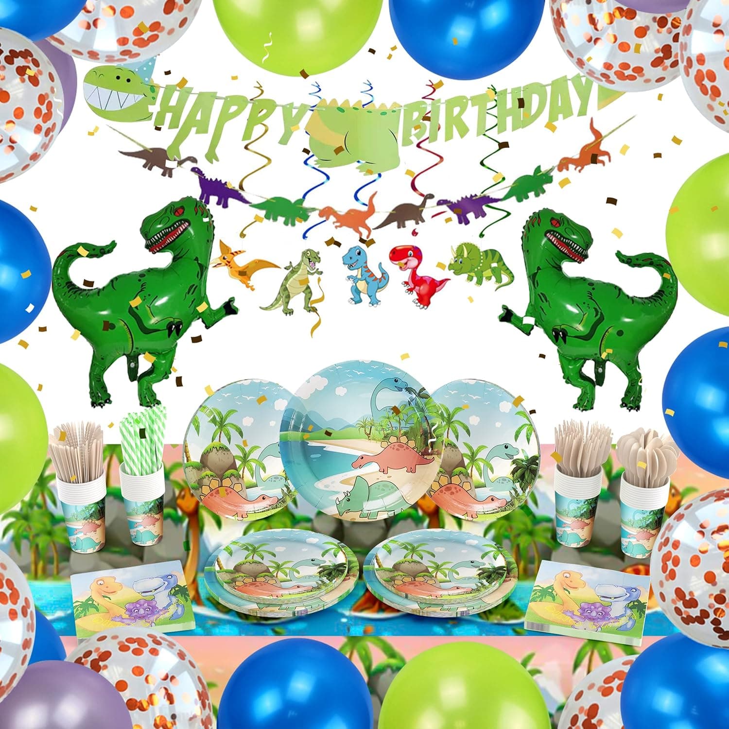 Dinosaur Party Decorations, Boy Dinosaur Birthday Party Supplies, includes Dinosaur Happy Birthday Plates, Napkins, Cups, Banner, Tablecloth Dino Jurassic World Party Favors