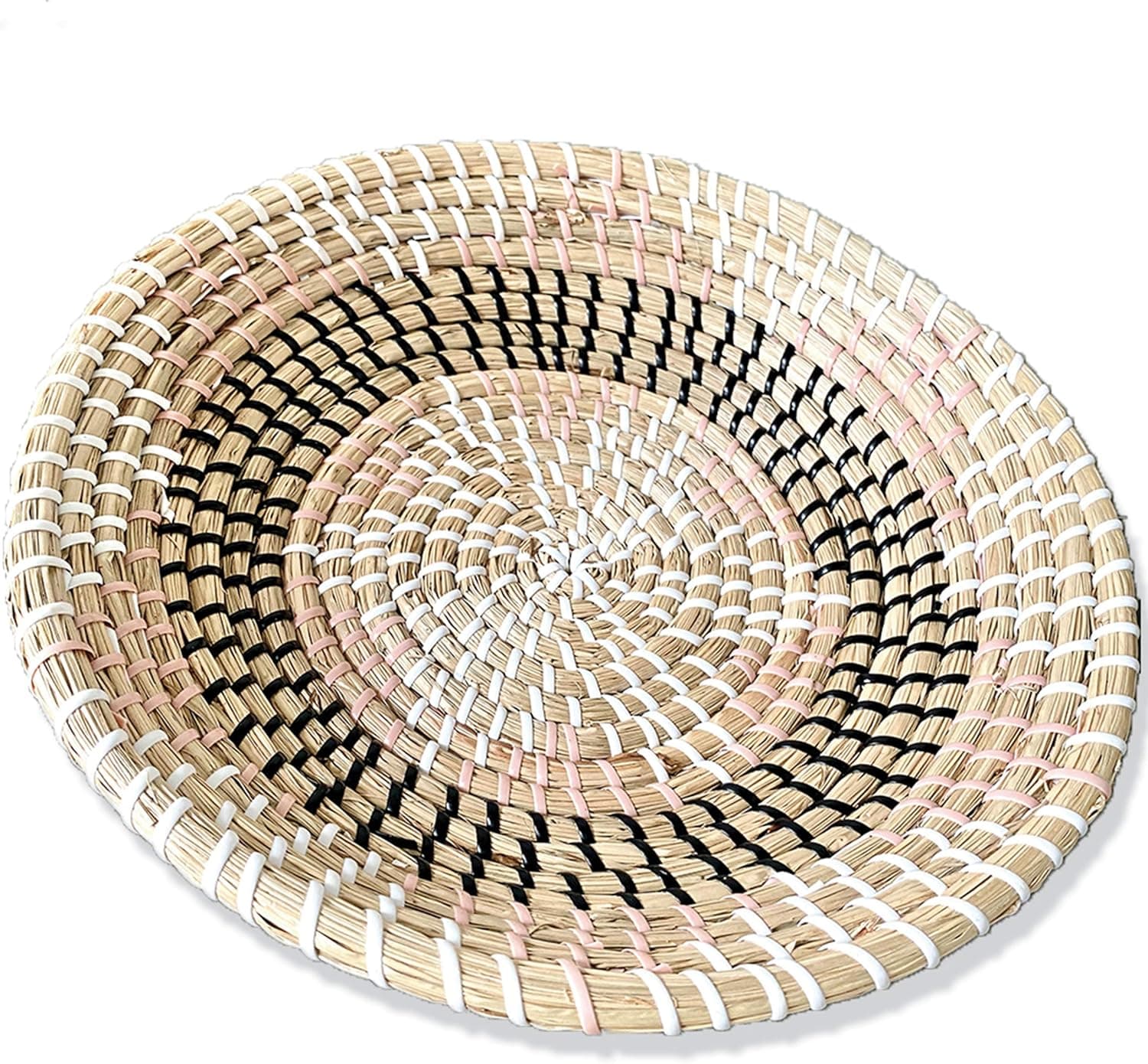 Ronala Home Woven Wall Basket One Hanging Seagrass Basket | Decorative, Boho Styled Baskets - Trendy, All Natural Home Decor | Handmade, Round, Woven, Hanging Wall Basket Decor (D 11.81", Pink Star)