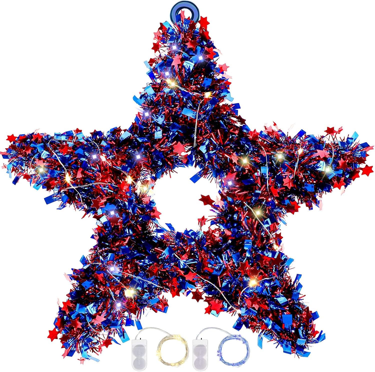 Christmas Wire Garland Patriotic Tinsel Colorful Star Wreath White and Blue Decorative Lights 40 m Led Battery Decor Wall Window Indoor Home Outdoor Xmas Independence Day Decorations