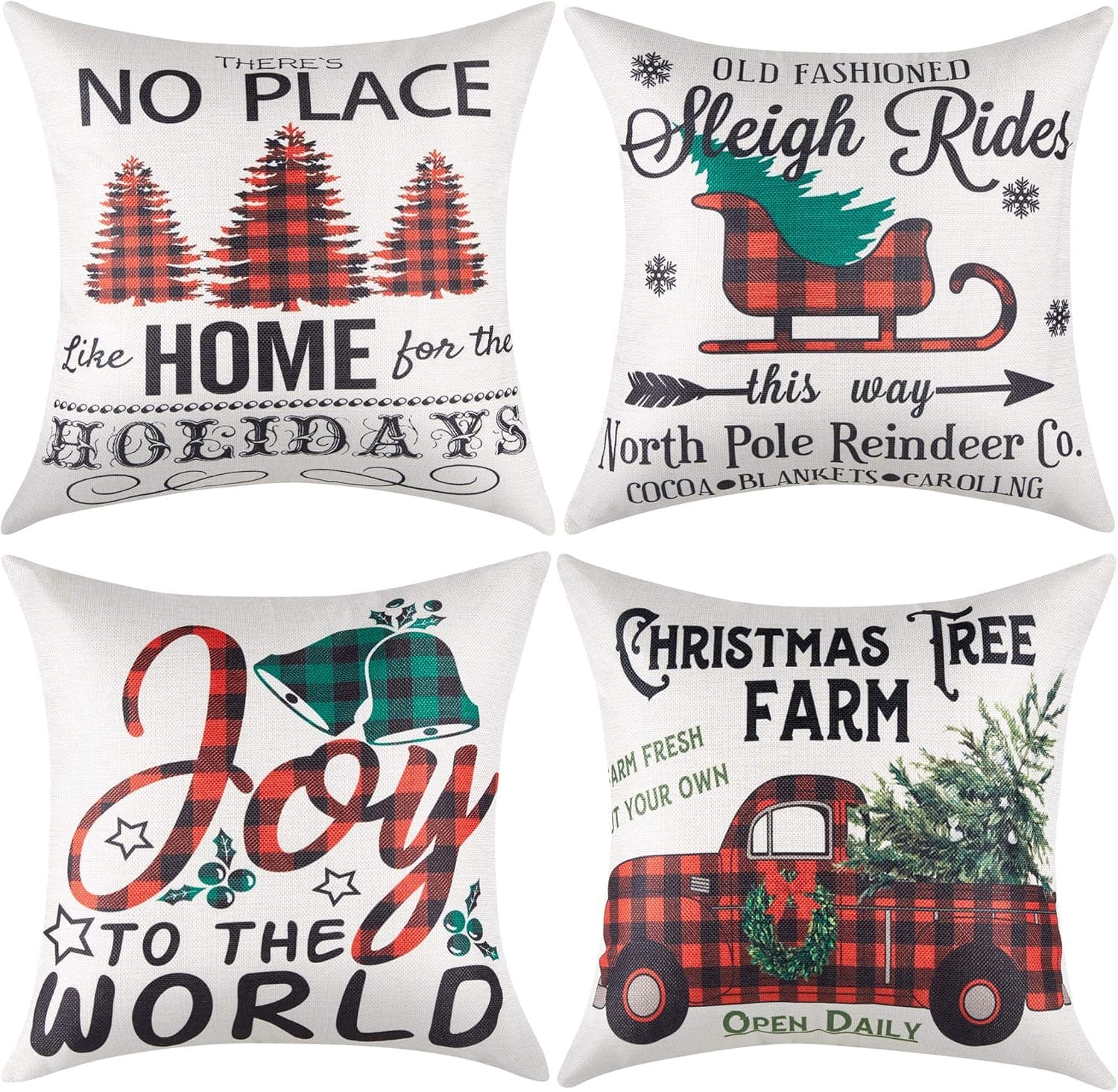 Artmag Christmas Throw Pillow Covers 16x16 Inches Decorative Winter Holiday Buffalo Check Outdoor Farmhouse Christmas Tree Pillow Shams Cases Slipcovers for Coach Sofa Set of 4
