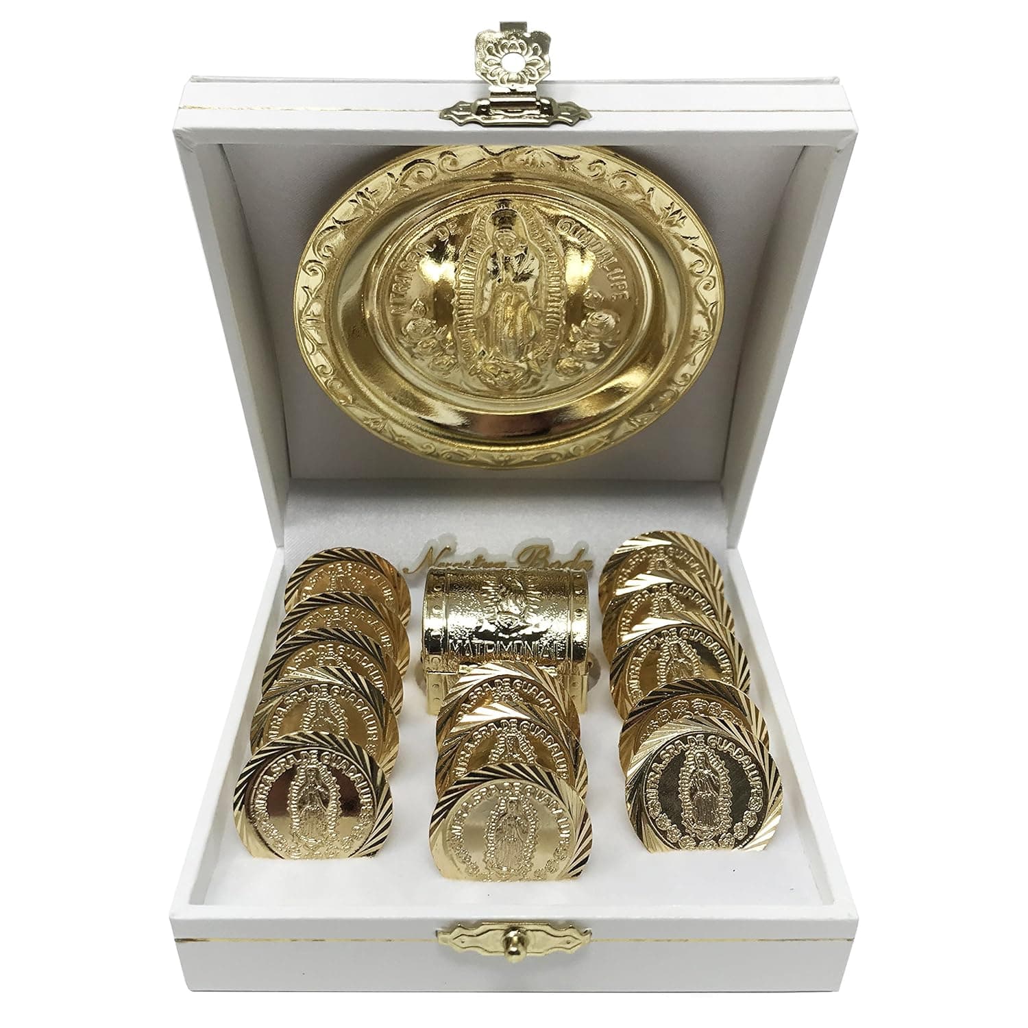 Virgen Morena Wedding Arras (13 pcs) with a Miniature Chest Box, an Our Lady of Guadalupe Medallion and a White Case. Golden - Plated Wedding Unity Coins. Arras de Boda.