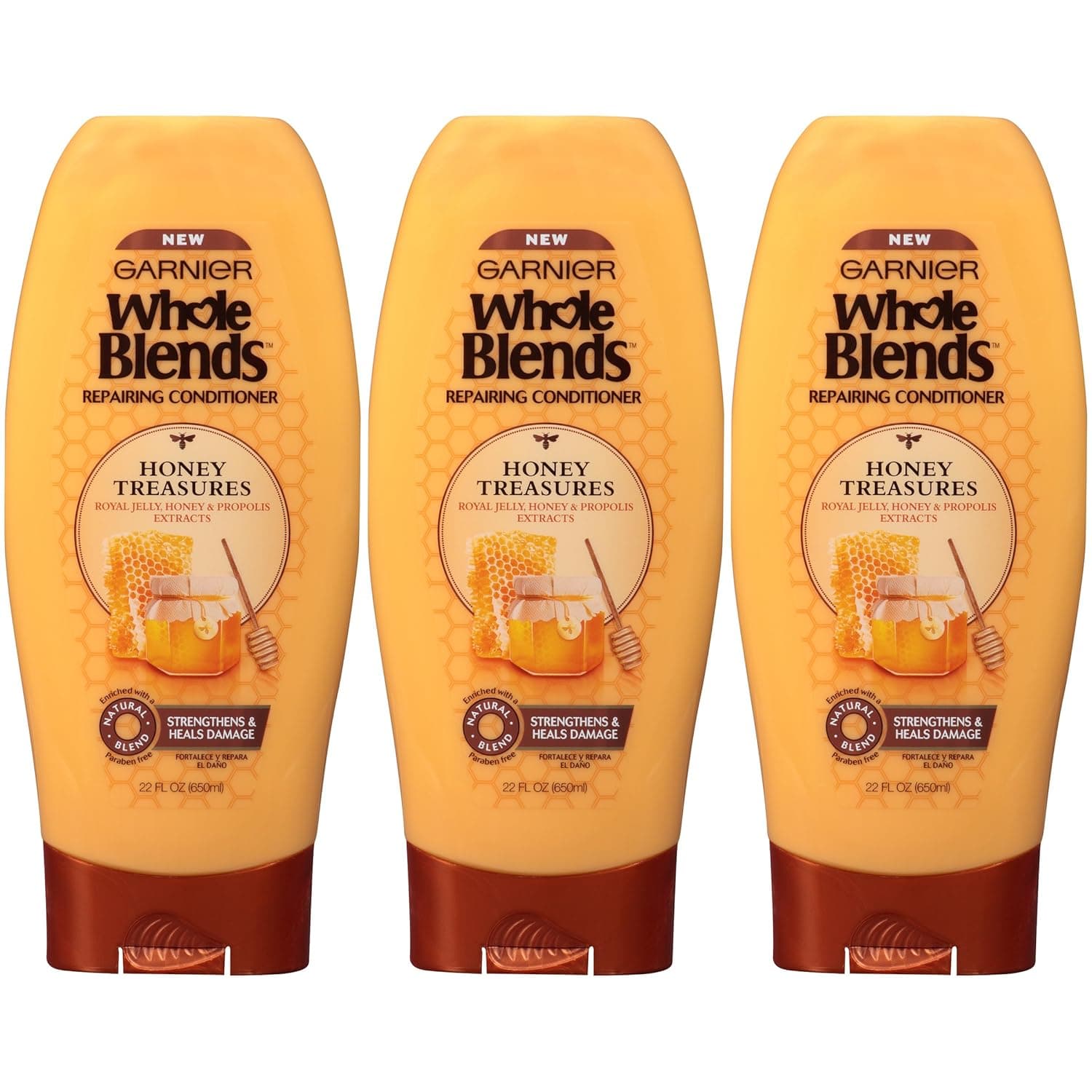 Garnier Hair Care Whole Blends Repairing Conditioner Honey Treasures for Damaged Hair, 22 Fl Oz (Pack of 3)