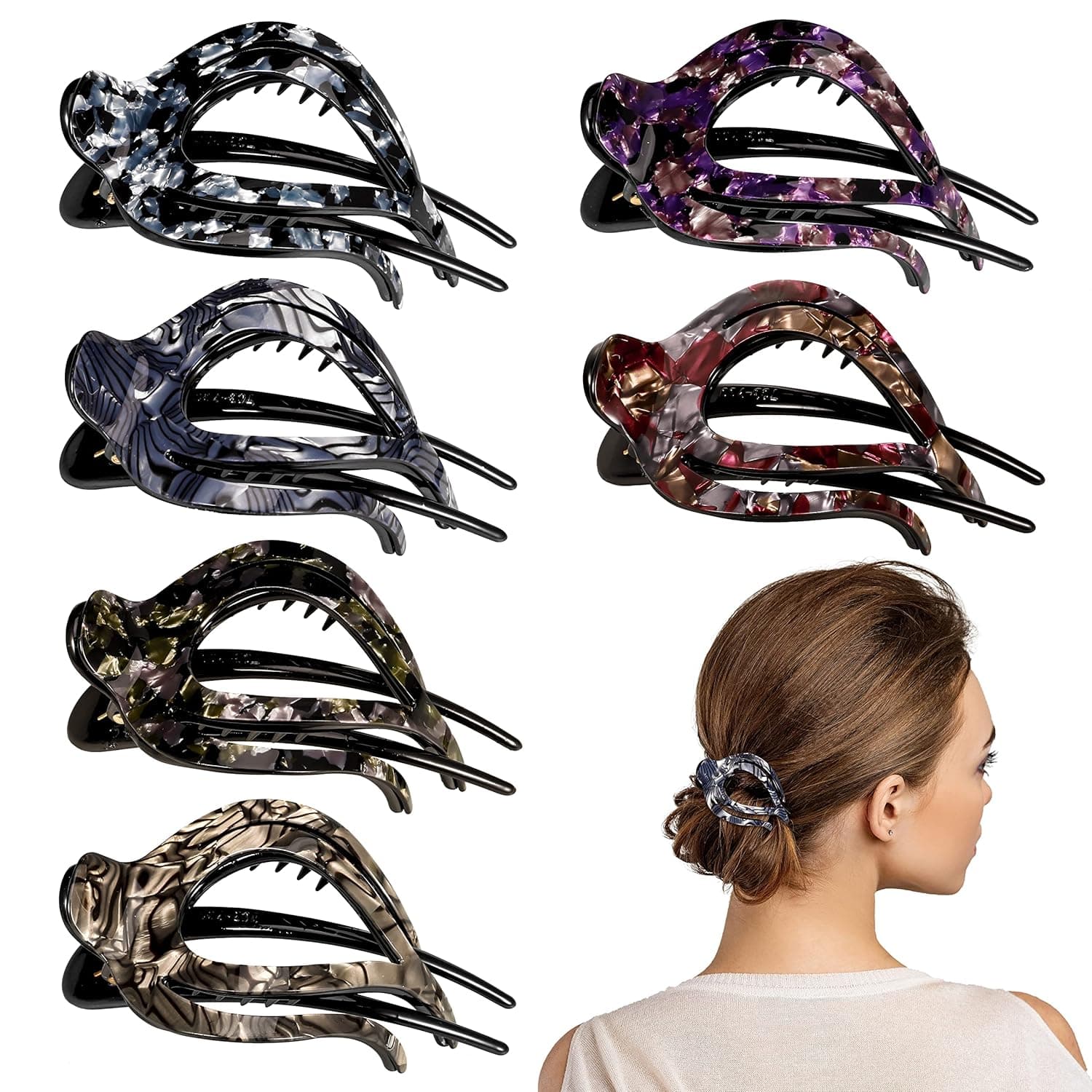 JOELELI 6 Pcs French Concord Flat Hair Clip Claw Alligator Oval Hair Clips No Slip Duckbill Hair Barrettes Heart Style Ponytail Hair Clamps for Women Girls Thick Thin Hair