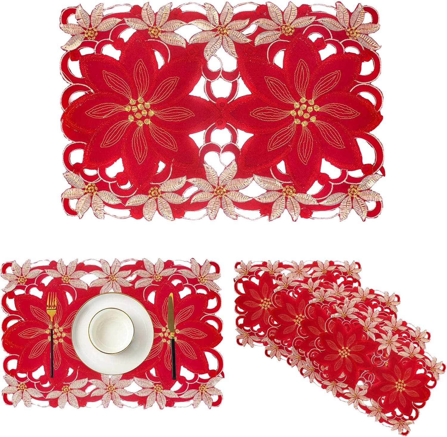 Christmas Holidays Placemats Set of 6, Embroidered Table Place Mats for Home Kitchen Dining Table Linens Decoration (Poinsettia)