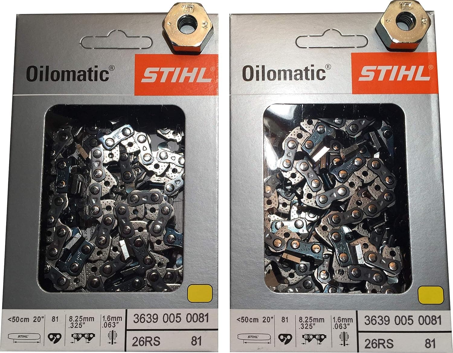 Stihl 2 Pack 26RS 81 Drive Links .325 Pitch .063 Gauge Rapid Super Chainsaw Chain with 2 BAR Cover Nuts