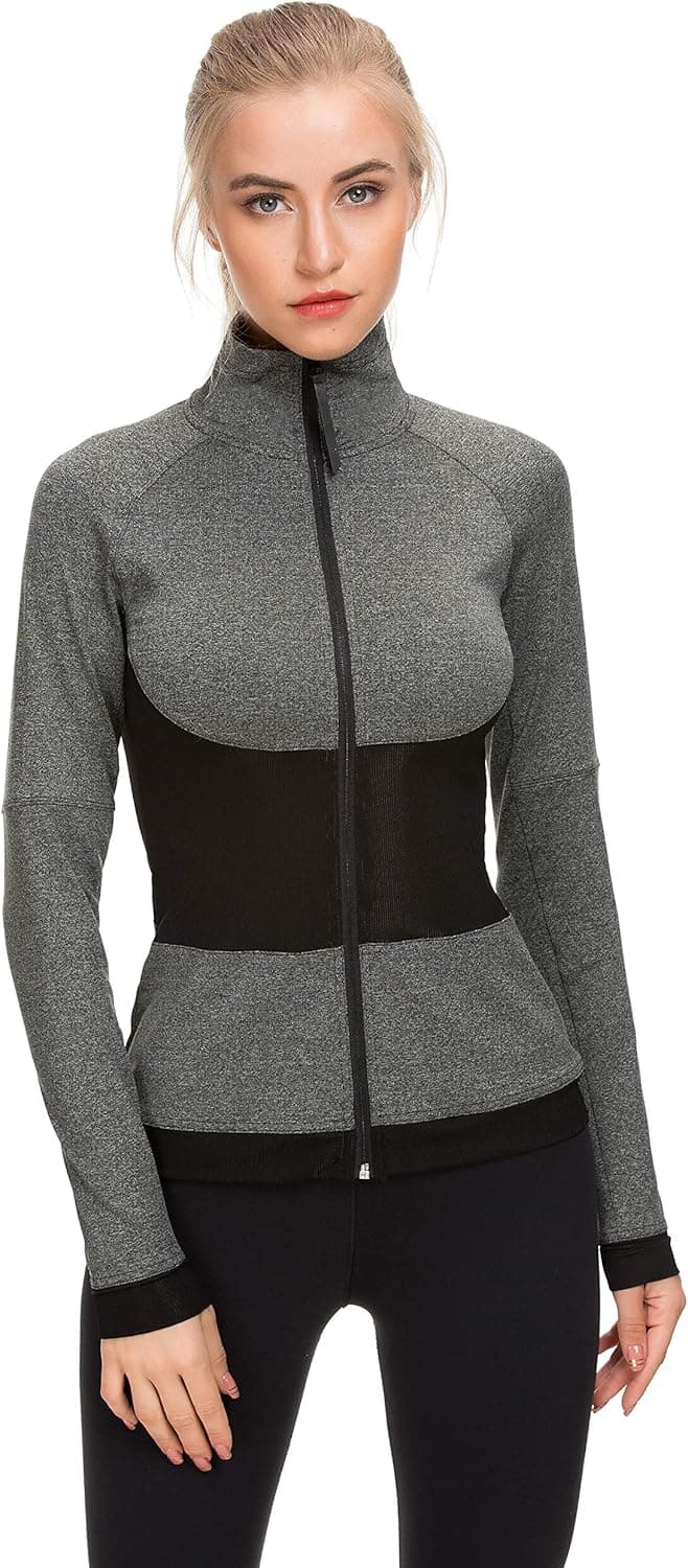 Women Sport Workout Jacket Zip Up Stretchy Yoga Running Jacket Coat with Back Pocket Dark Gray