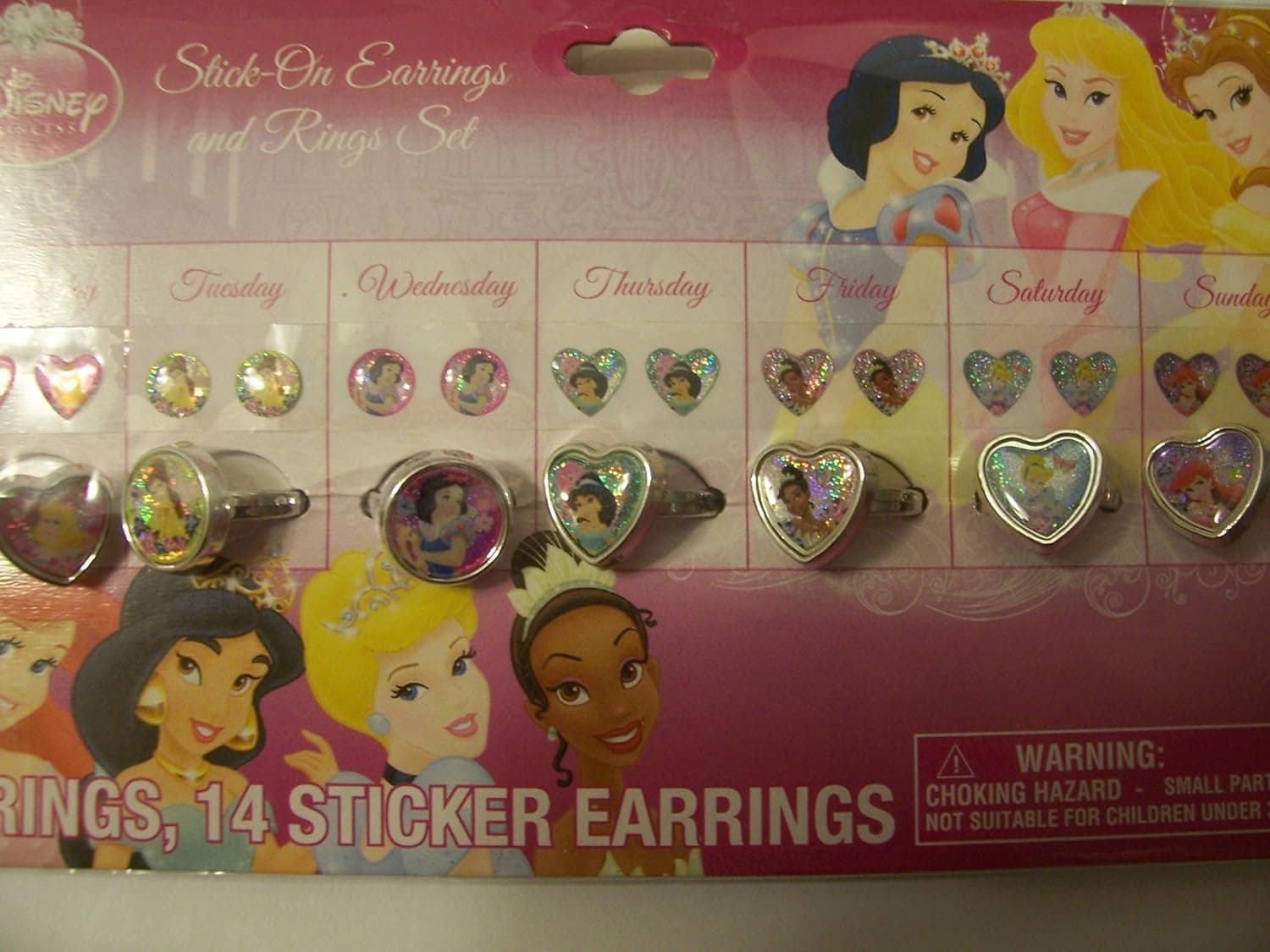 Disney Princess Stick-on Earrings and Matching Ring Sets (Aurora, Belle, Snow White, Jasmine, Tiana, Cinderella, Ariel)